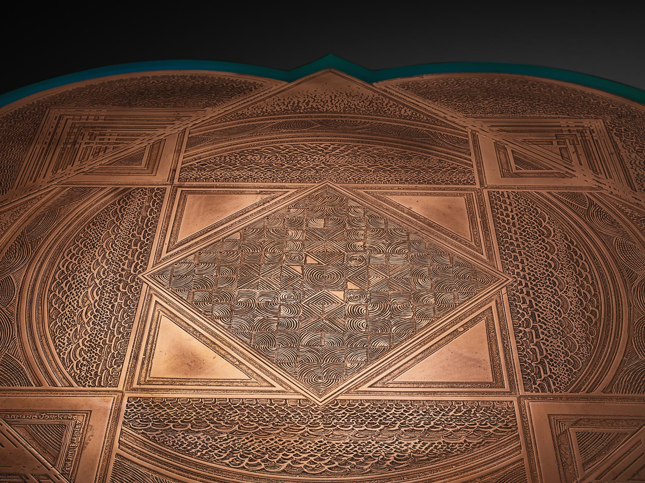 Postmoderne Unique Armand Jonckers Coffee Table in Green Resin and Copper en vente