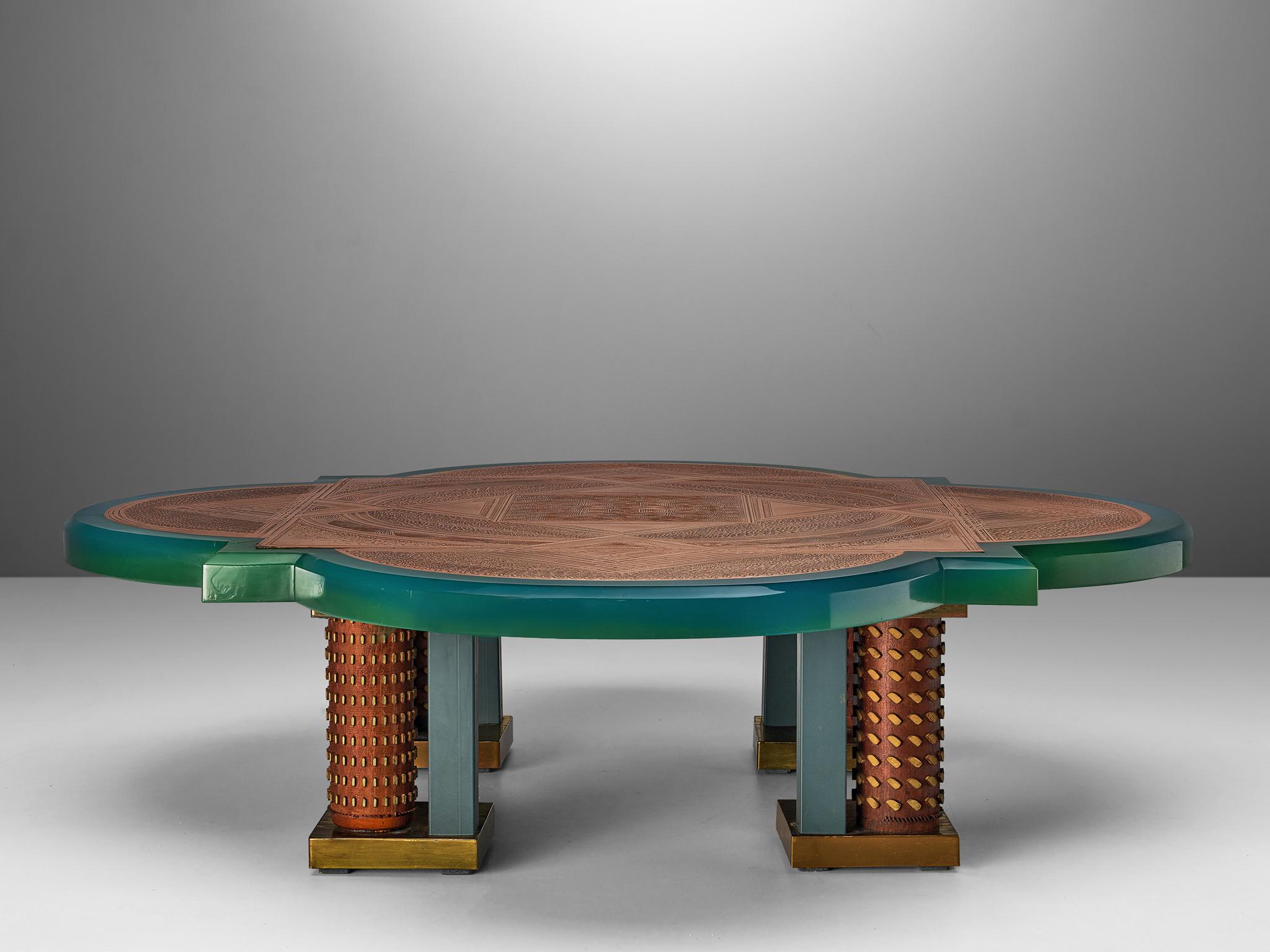 Belgian Unique Armand Jonckers Coffee Table in Green Resin and Copper