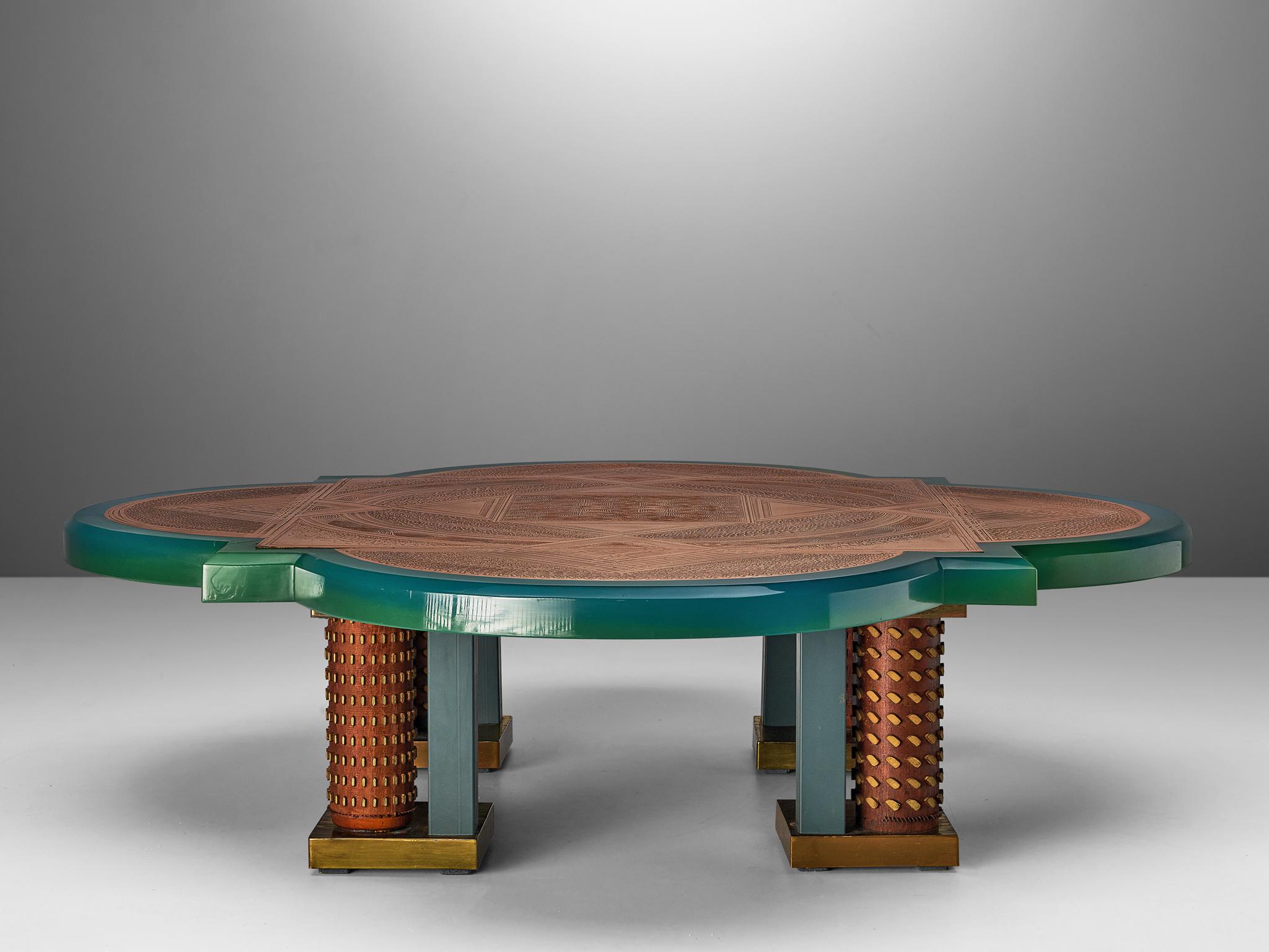 Belgian Unique Armand Jonckers Coffee Table in Green Resin and Copper  For Sale