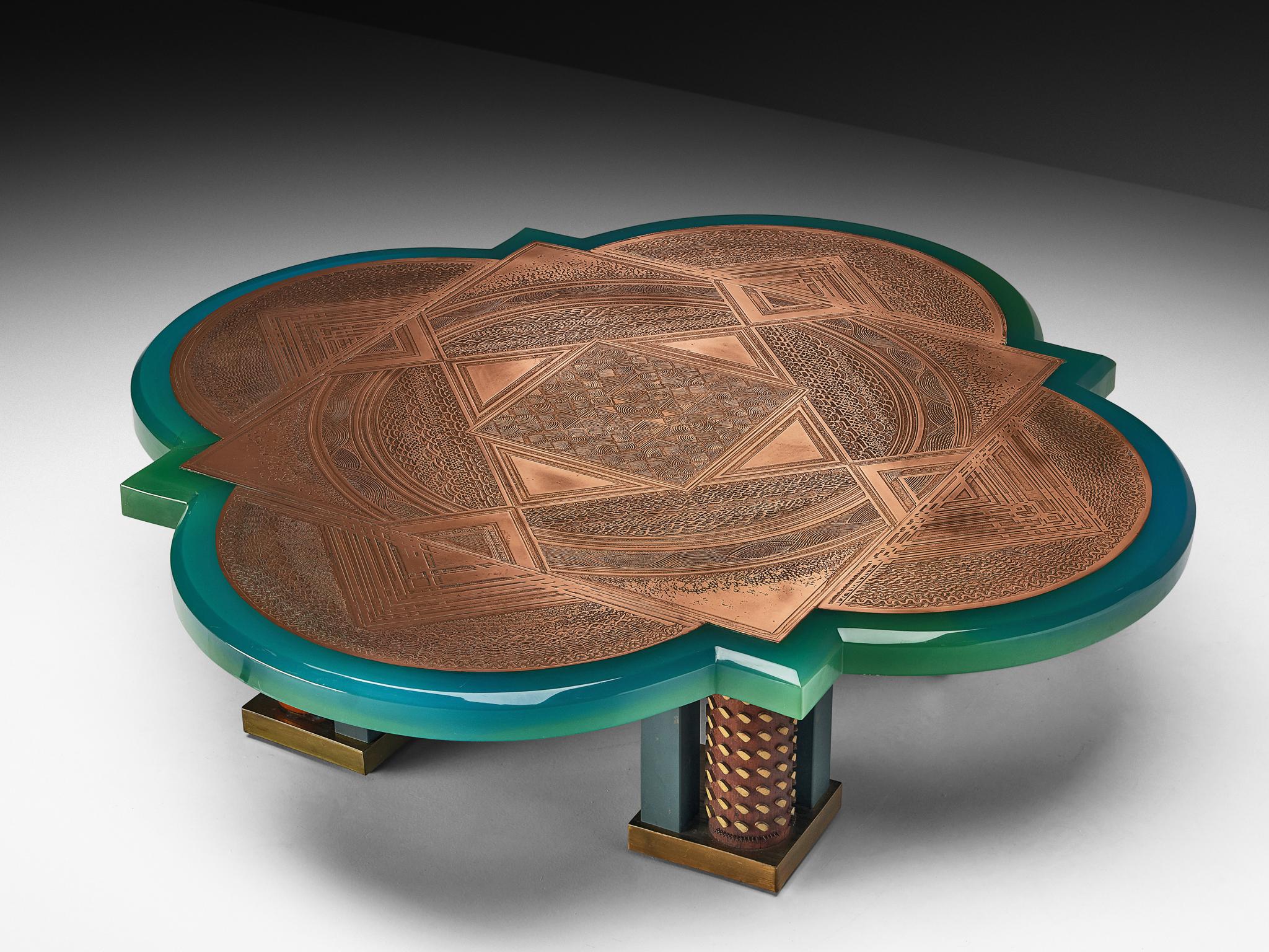 Belge Unique Armand Jonckers Coffee Table in Green Resin and Copper en vente