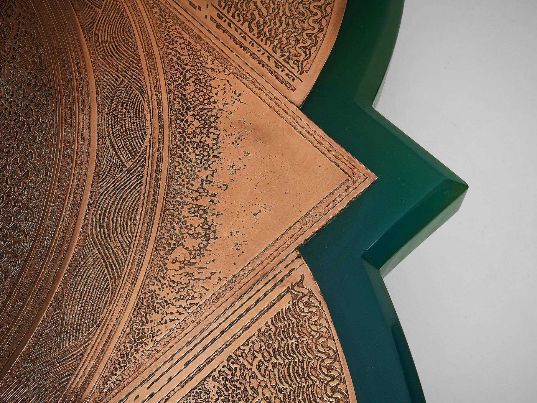 Fin du 20e siècle Unique Armand Jonckers Coffee Table in Green Resin and Copper en vente