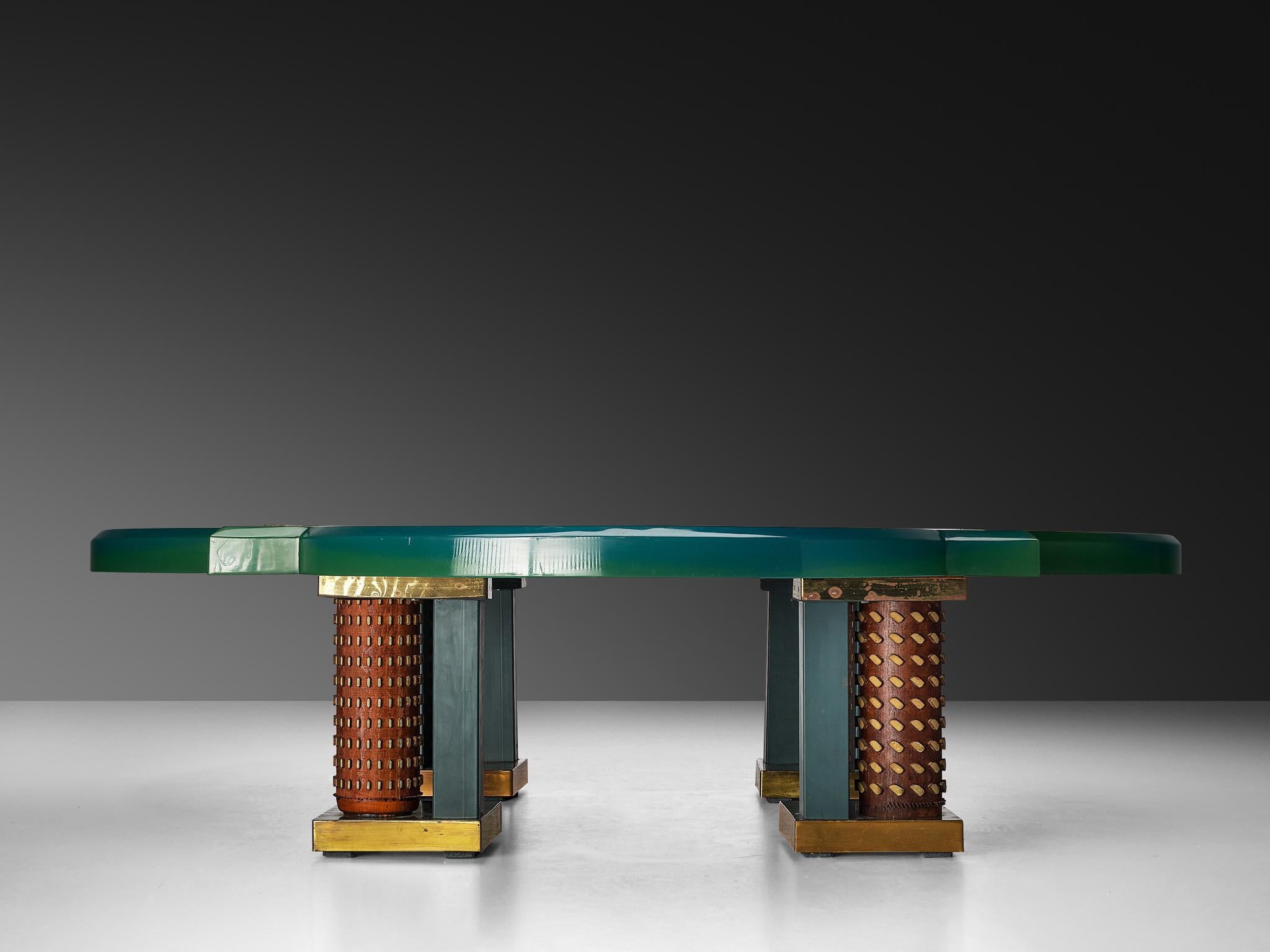 Métal Unique Armand Jonckers Coffee Table in Green Resin and Copper en vente