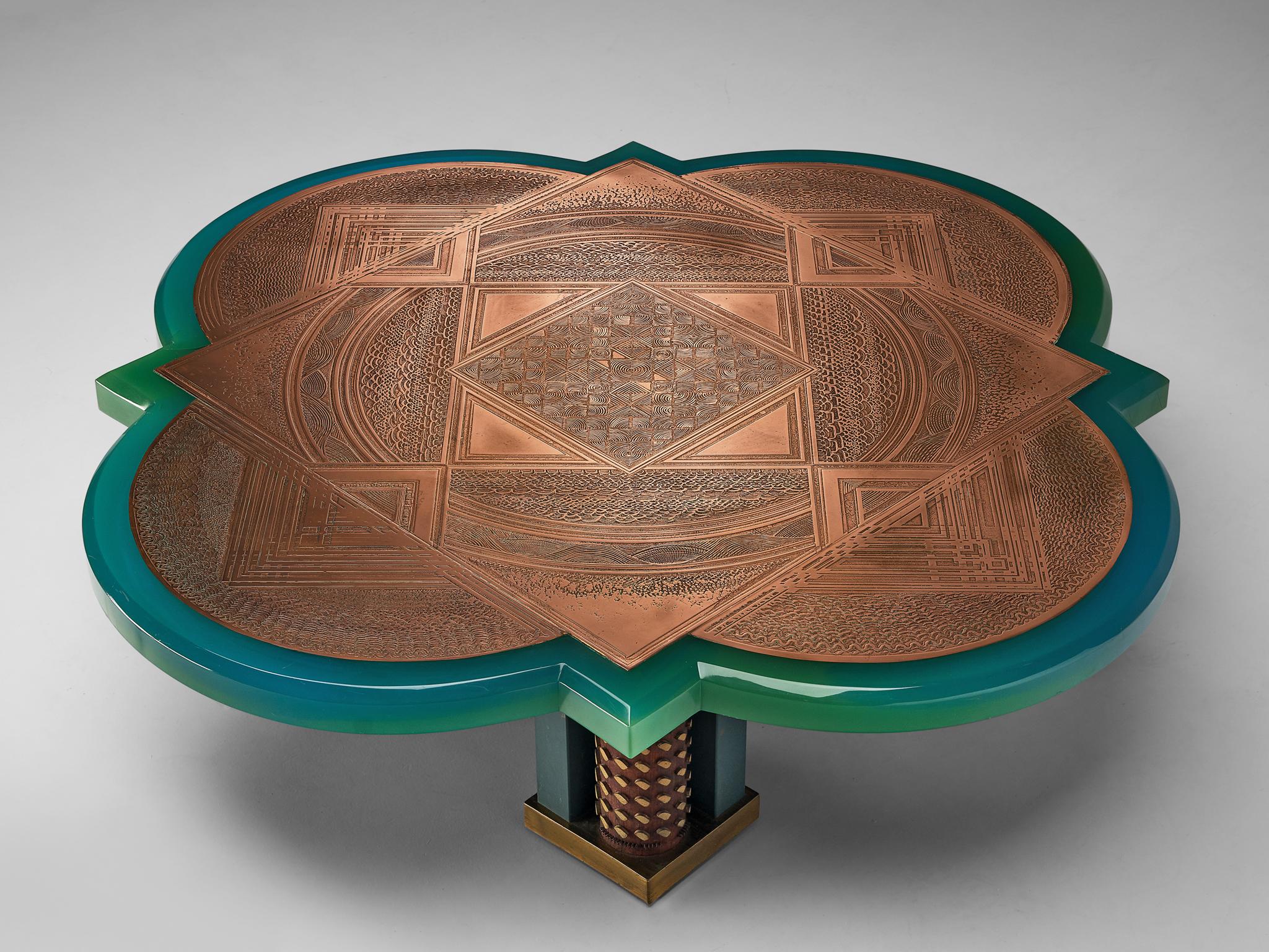 Unique Armand Jonckers Coffee Table in Green Resin and Copper  For Sale 1
