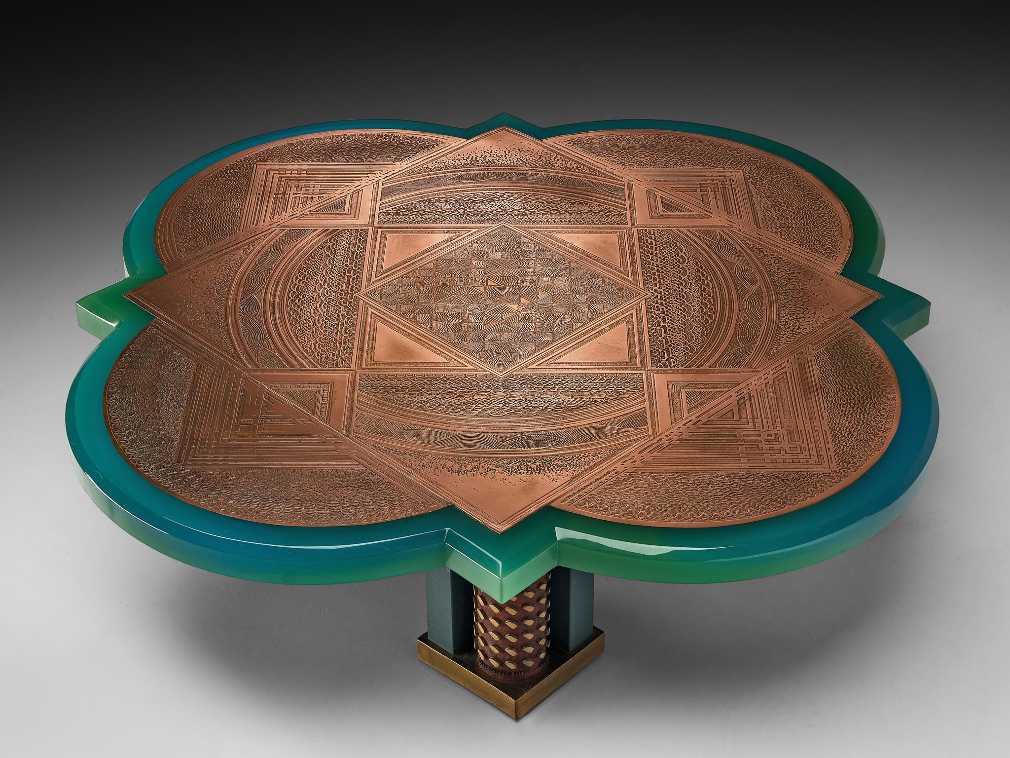 Unique Armand Jonckers Coffee Table in Green Resin and Copper en vente 1