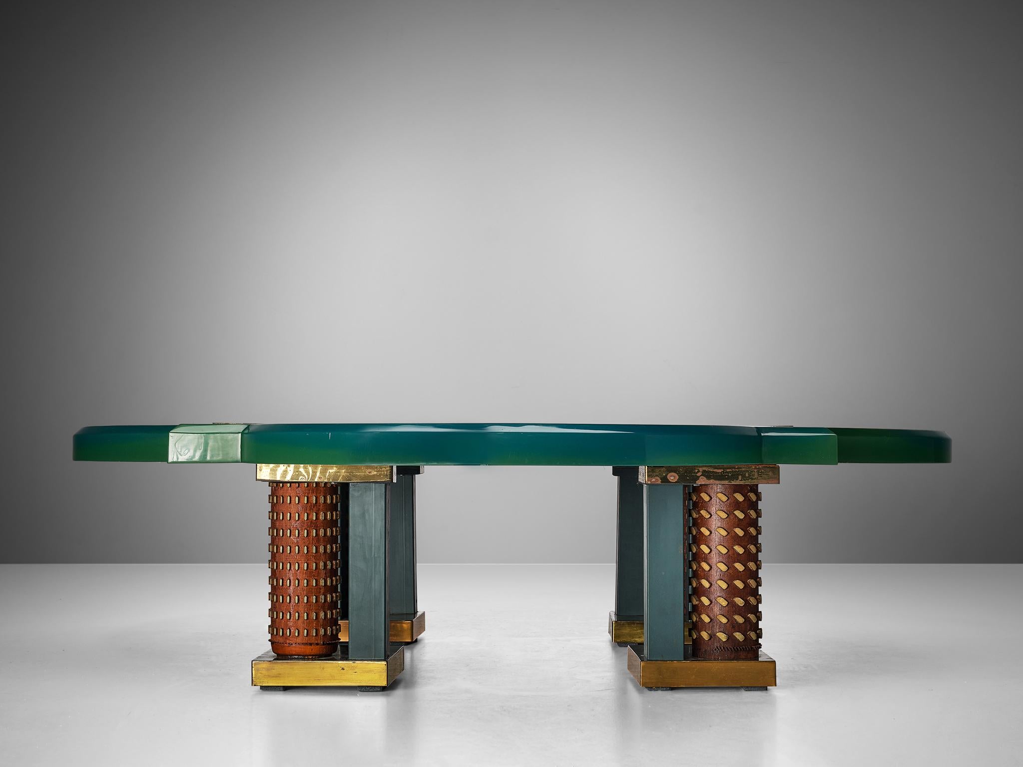 Unique Armand Jonckers Coffee Table in Green Resin and Copper 2