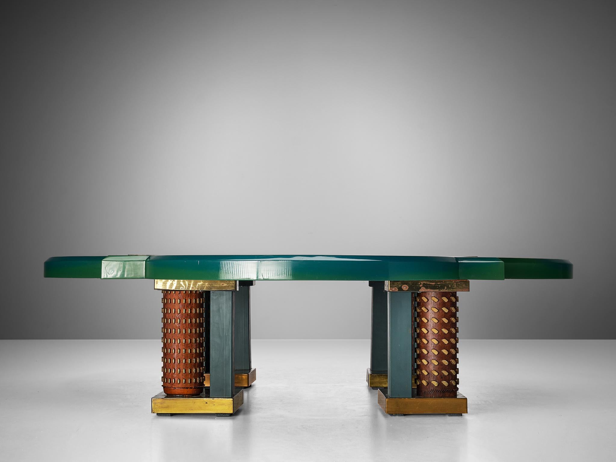 Unique Armand Jonckers Coffee Table in Green Resin and Copper  For Sale 2