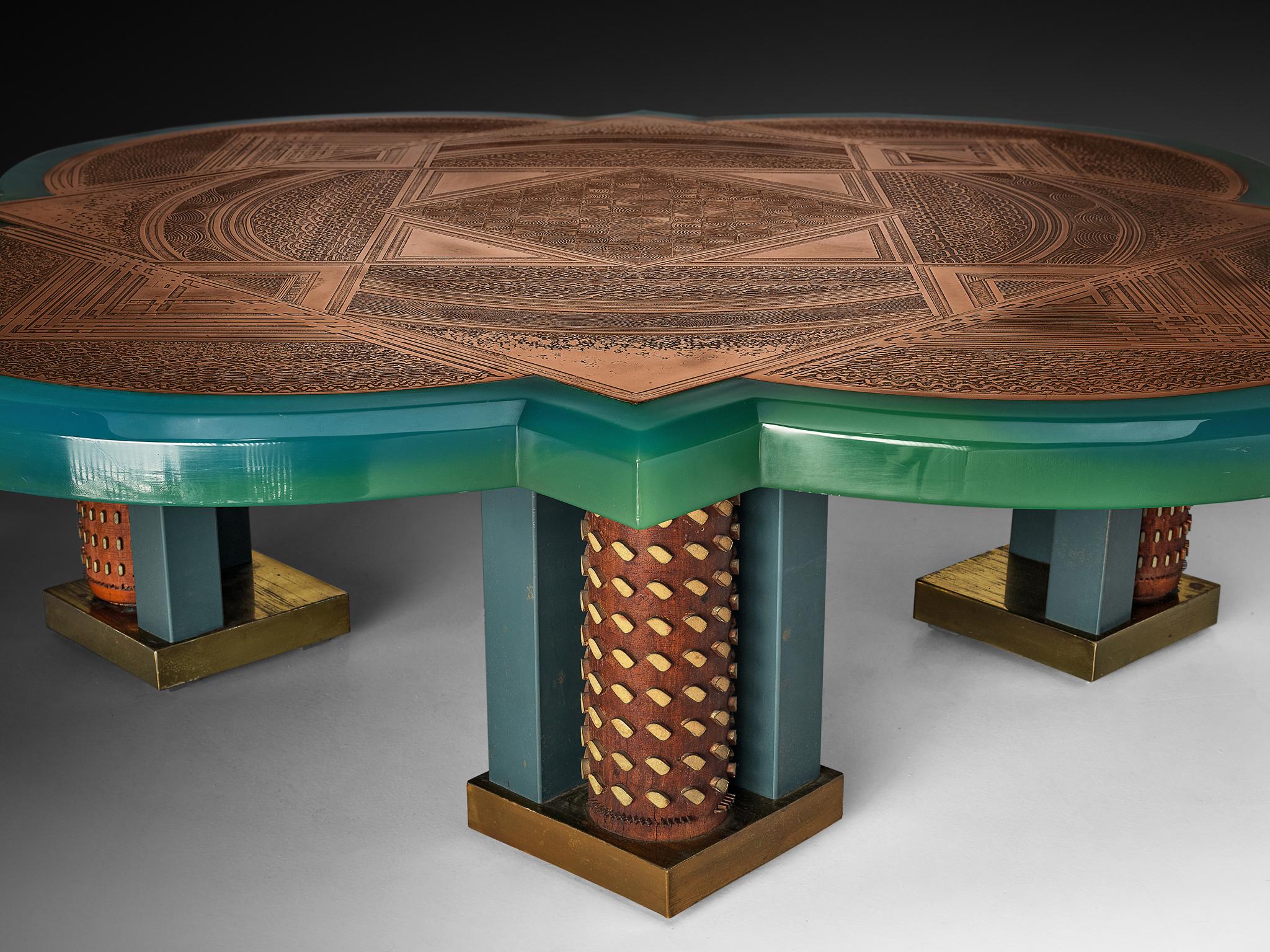 Unique Armand Jonckers Coffee Table in Green Resin and Copper en vente 2