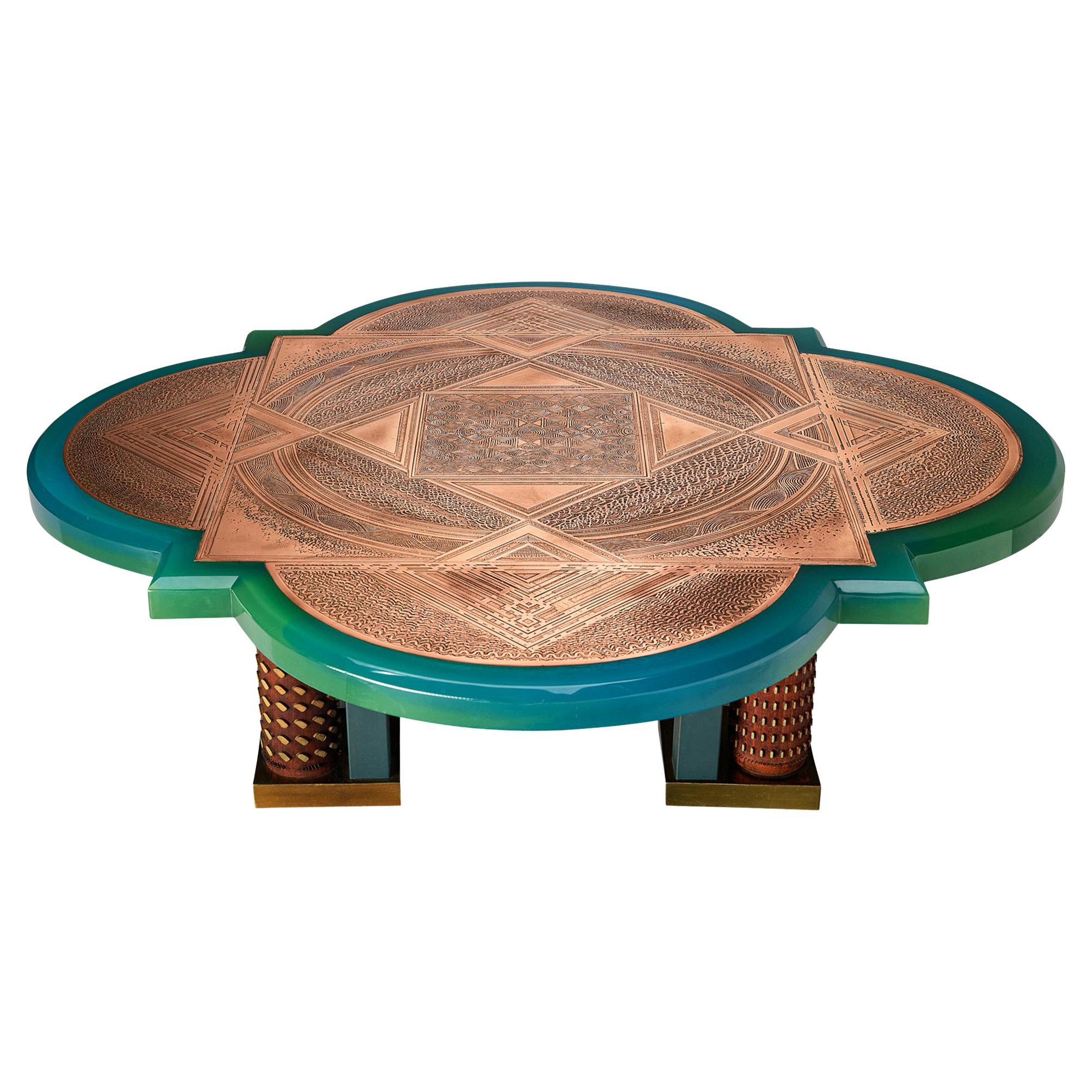 Unique Armand Jonckers Coffee Table in Green Resin and Copper