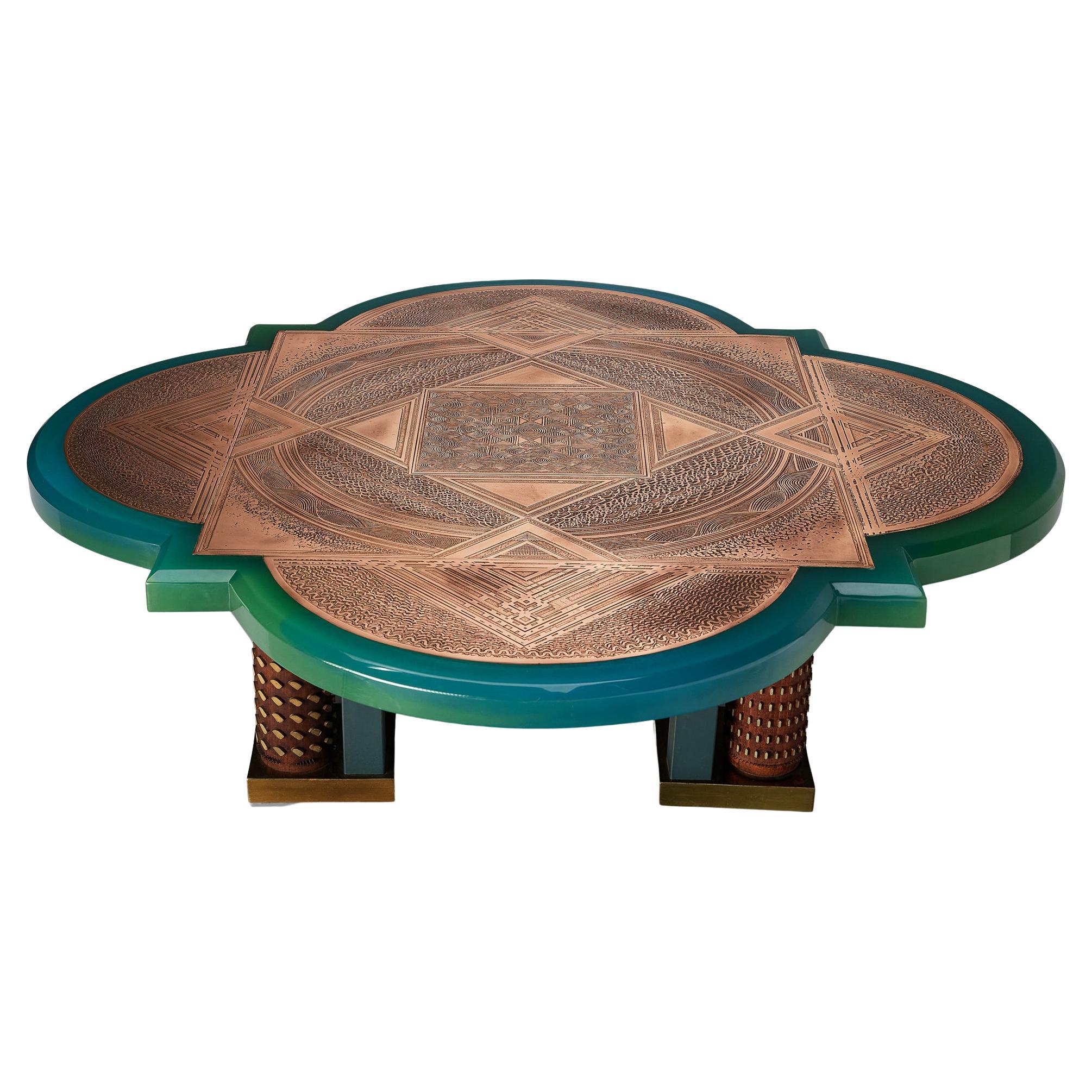 Unique Armand Jonckers Coffee Table in Green Resin and Copper  For Sale