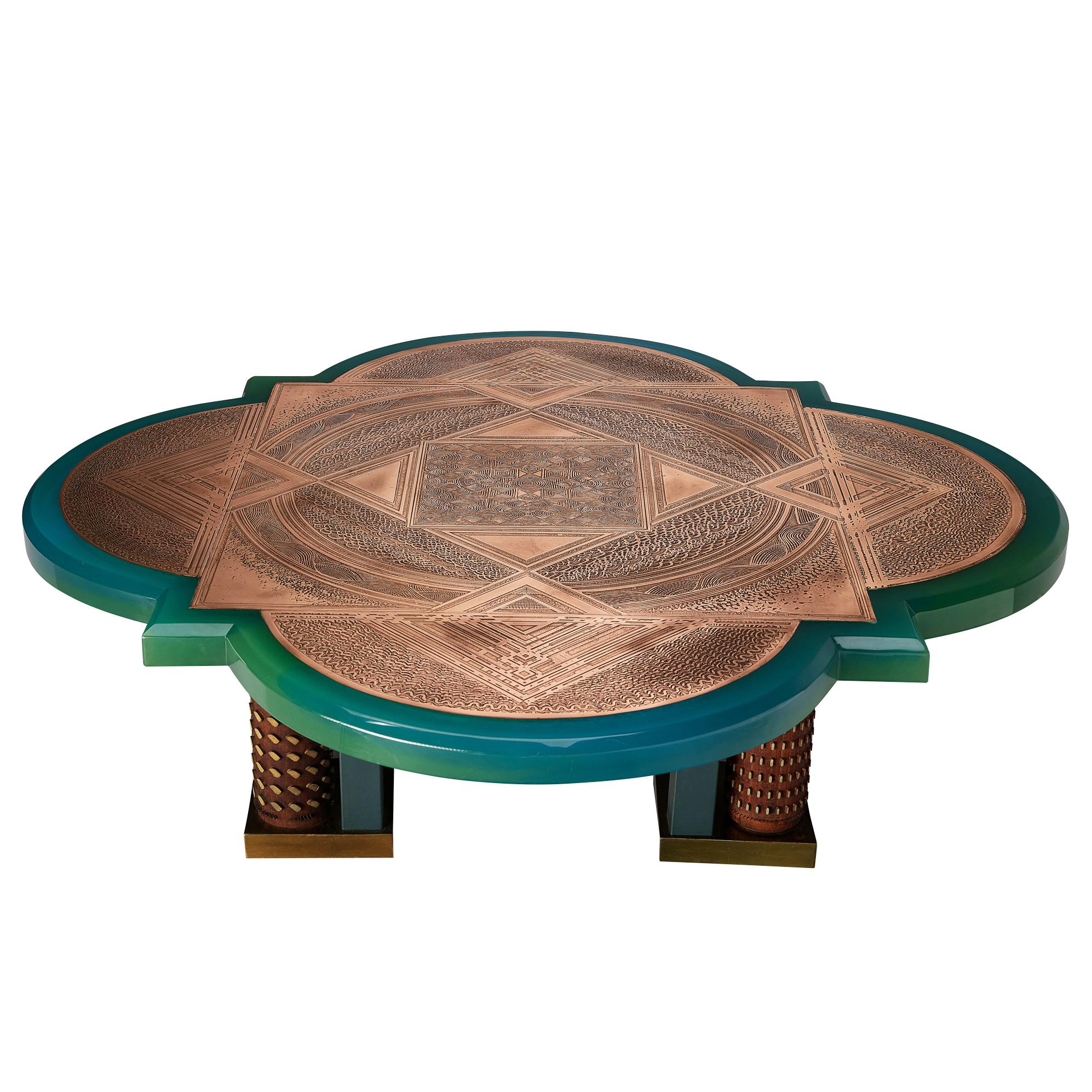 Unique Armand Jonckers Coffee Table in Green Resin and Copper