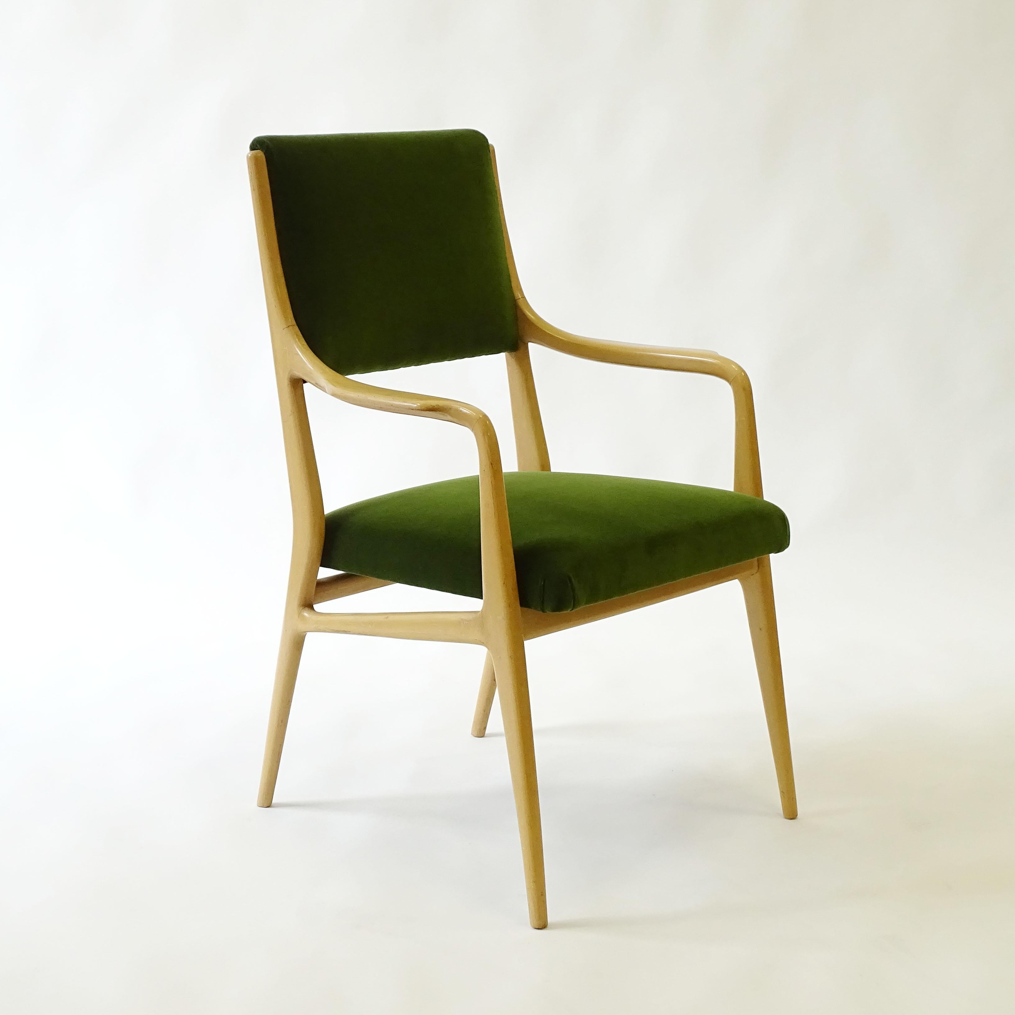 Italian Unique Armchair in Lightly Lacquered Wood and Green Velvet, Italy 1950s For Sale