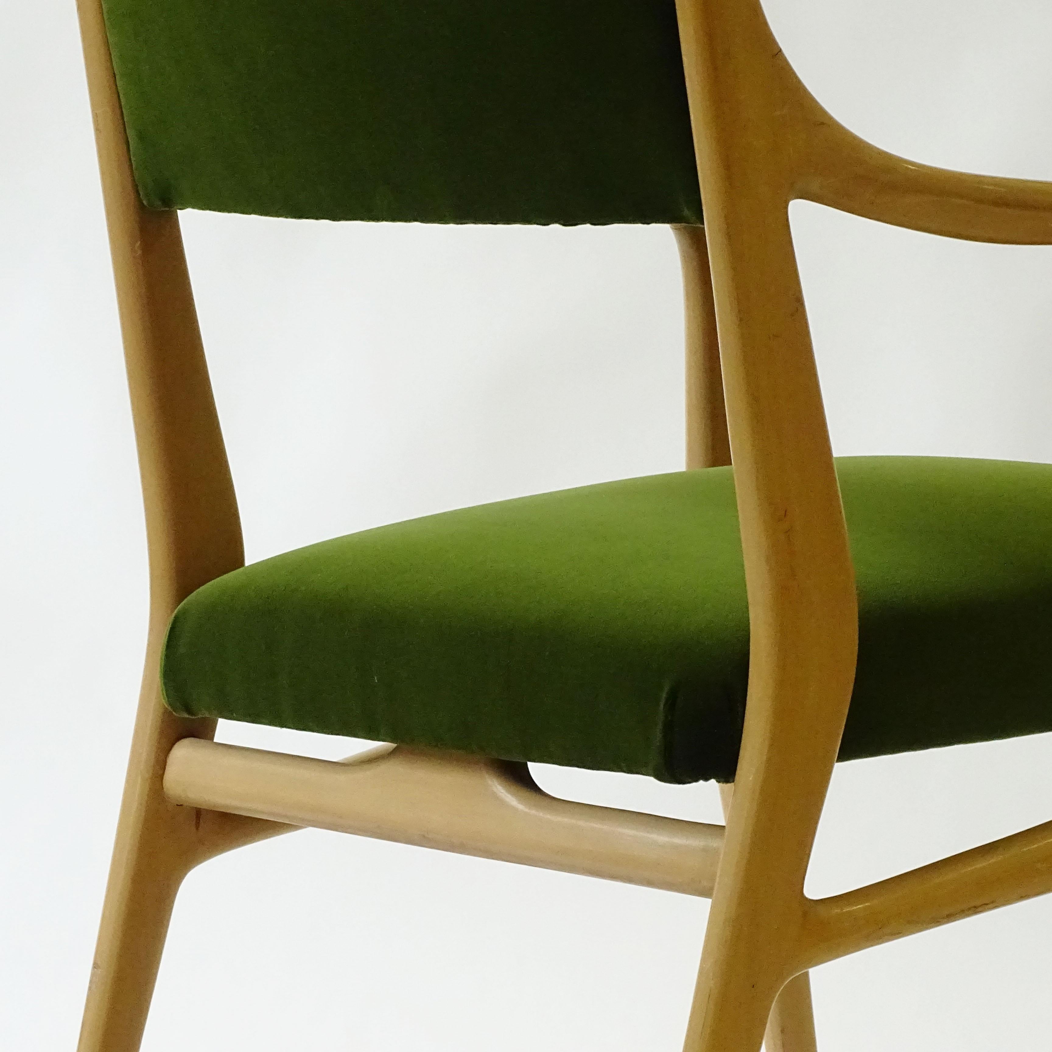 Upholstery Unique Armchair in Lightly Lacquered Wood and Green Velvet, Italy 1950s For Sale