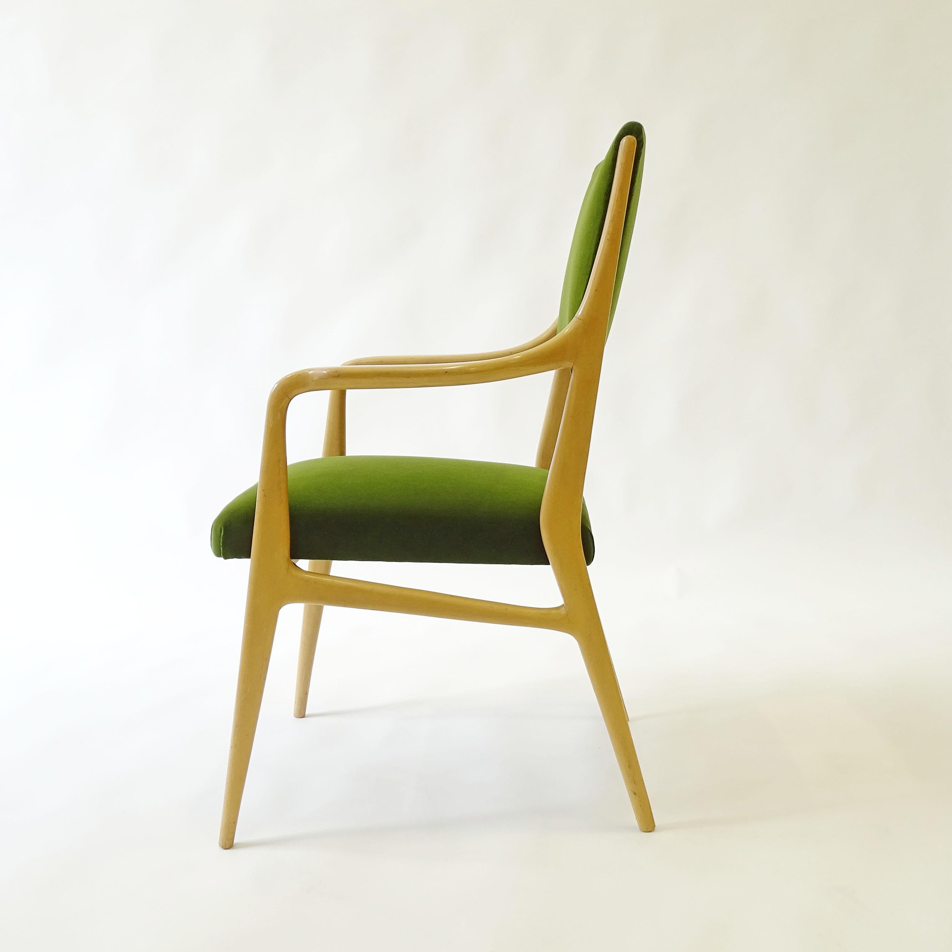 Unique Armchair in Lightly Lacquered Wood and Green Velvet, Italy 1950s For Sale 2