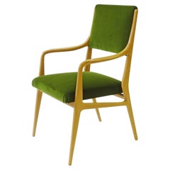 Unique Armchair in Lightly Lacquered Wood and Green Velvet, Italy 1950s
