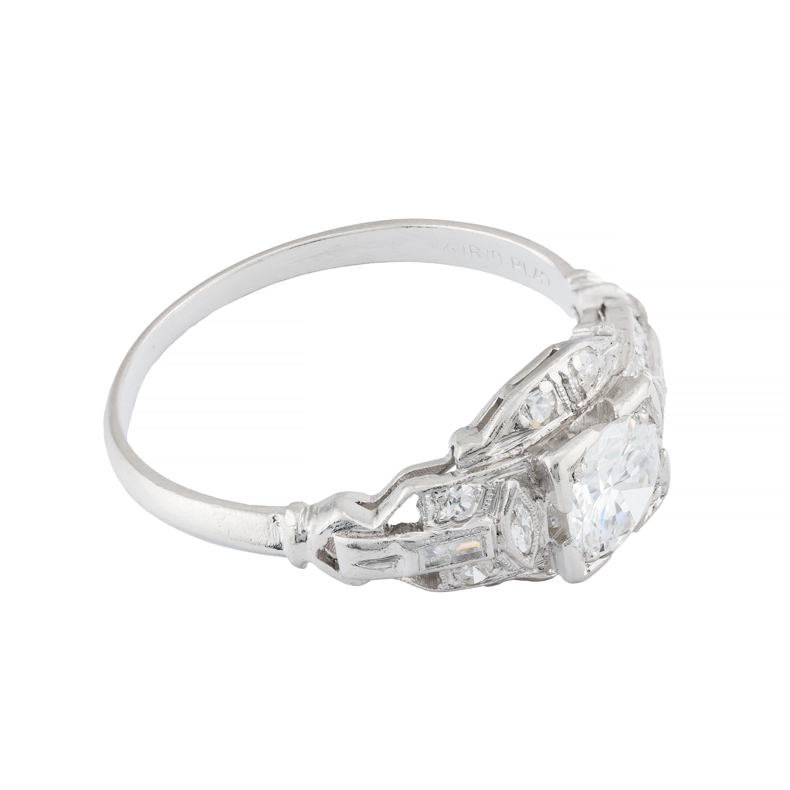Round Cut Unique Art Deco 0.97ctw Diamond Engagement Ring in Platinum Circa 1920's For Sale