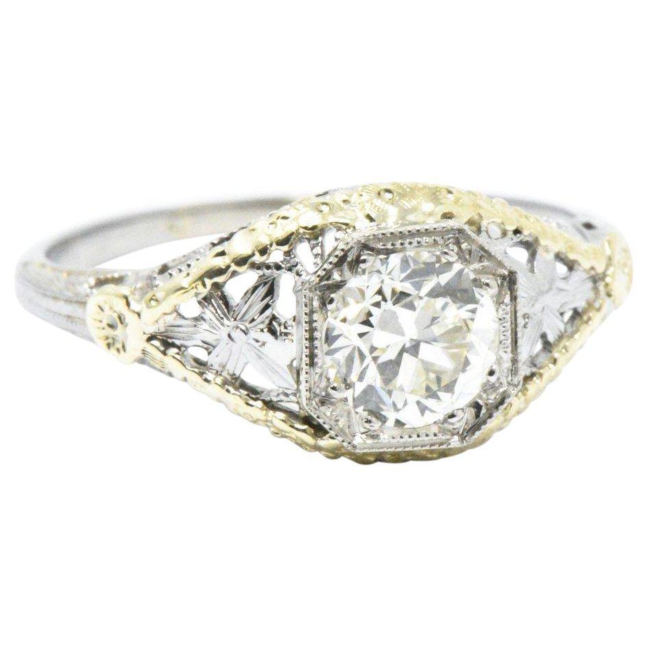 Unique Art Deco .81 CTW Diamond 18 Karat Two Tone Gold Engagement Alternative Ri