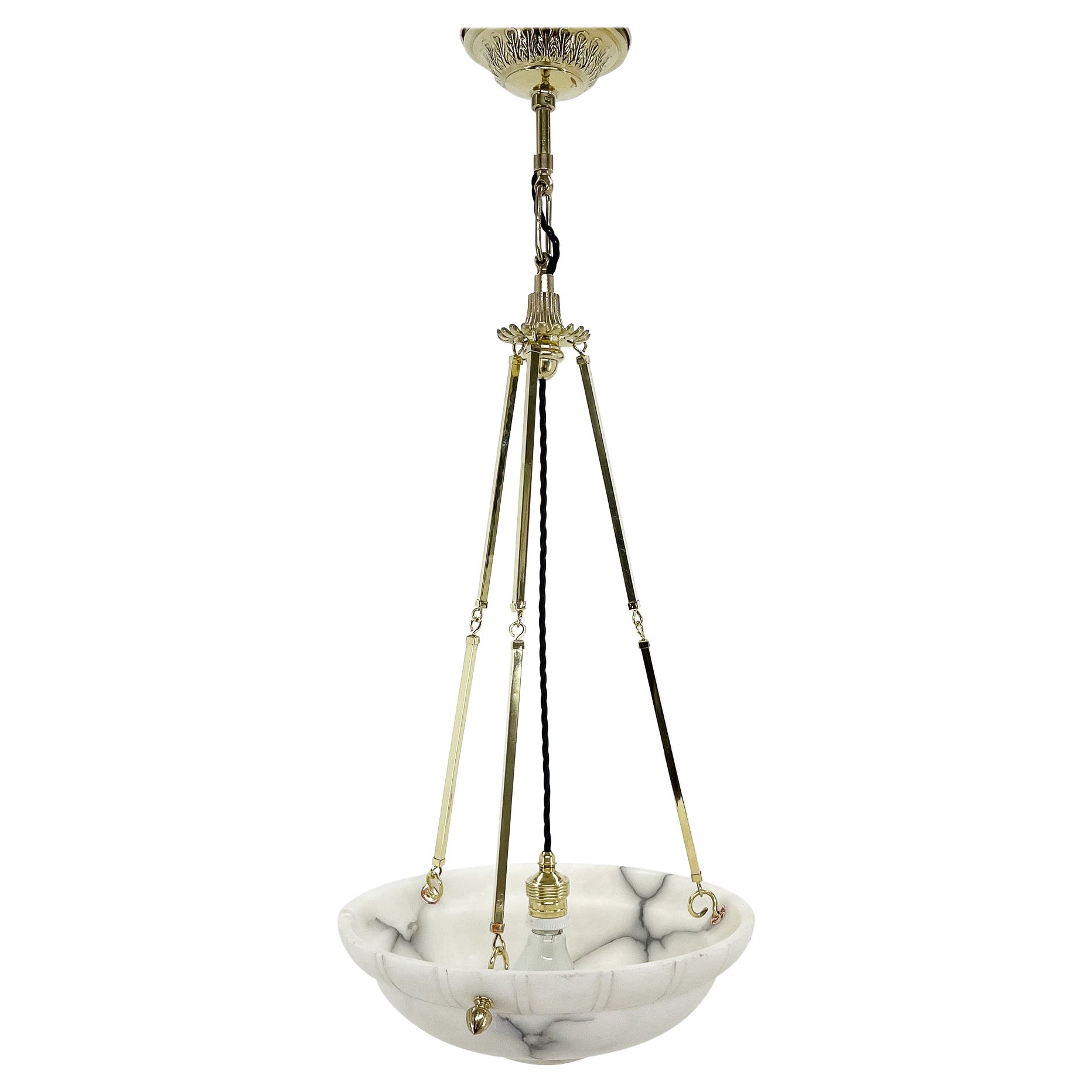 Lampe à suspension Art Déco unique en albâtre sur chaînes en laiton, Tchécoslovaquie, années 1930