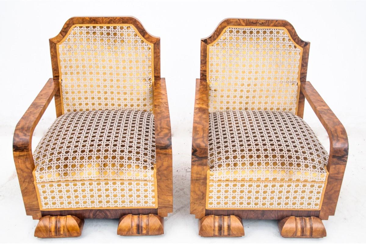 Unique Art Deco armchairs custom made in France in 1930s. Construction made of walnut wood. Renovated and repholstered in our workshop with high quality geometric material.
Very good condition ready to put into interior. 
Wood: walnut
dimensions: