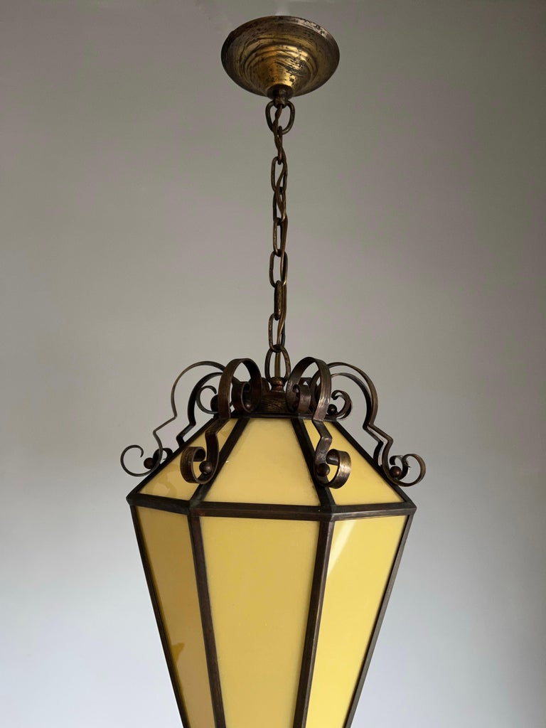 Art Deco Brass and Italian Glass Octagonal Design Pendant Light / Hall Lantern For Sale 5