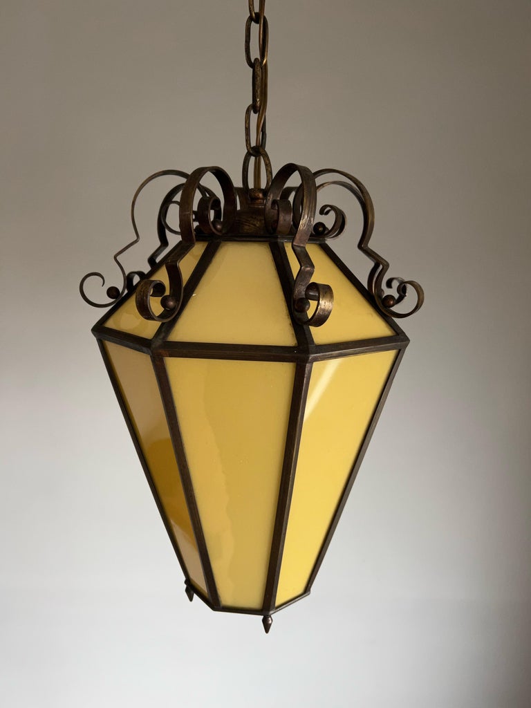 Art Deco Brass and Italian Glass Octagonal Design Pendant Light / Hall Lantern For Sale 6