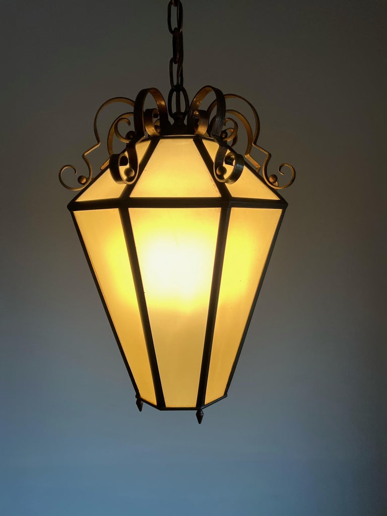 Art Deco Brass and Italian Glass Octagonal Design Pendant Light / Hall Lantern For Sale 7