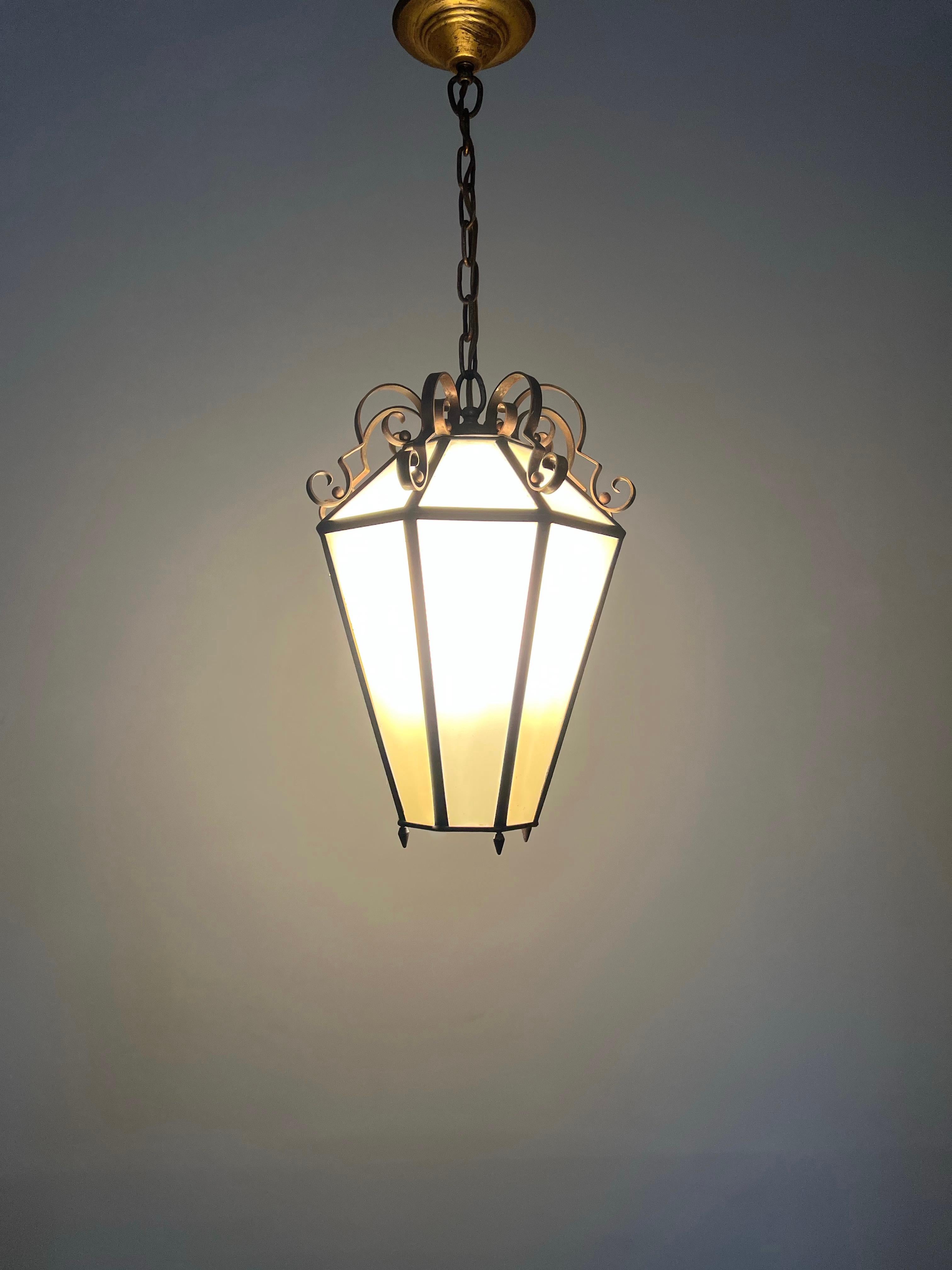 Art Deco Brass and Italian Glass Octagonal Design Pendant Light / Hall Lantern For Sale 8