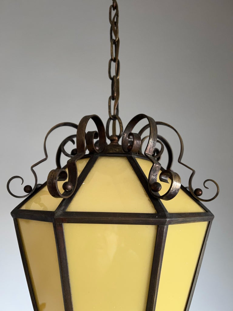 Art Deco Brass and Italian Glass Octagonal Design Pendant Light / Hall Lantern For Sale 9