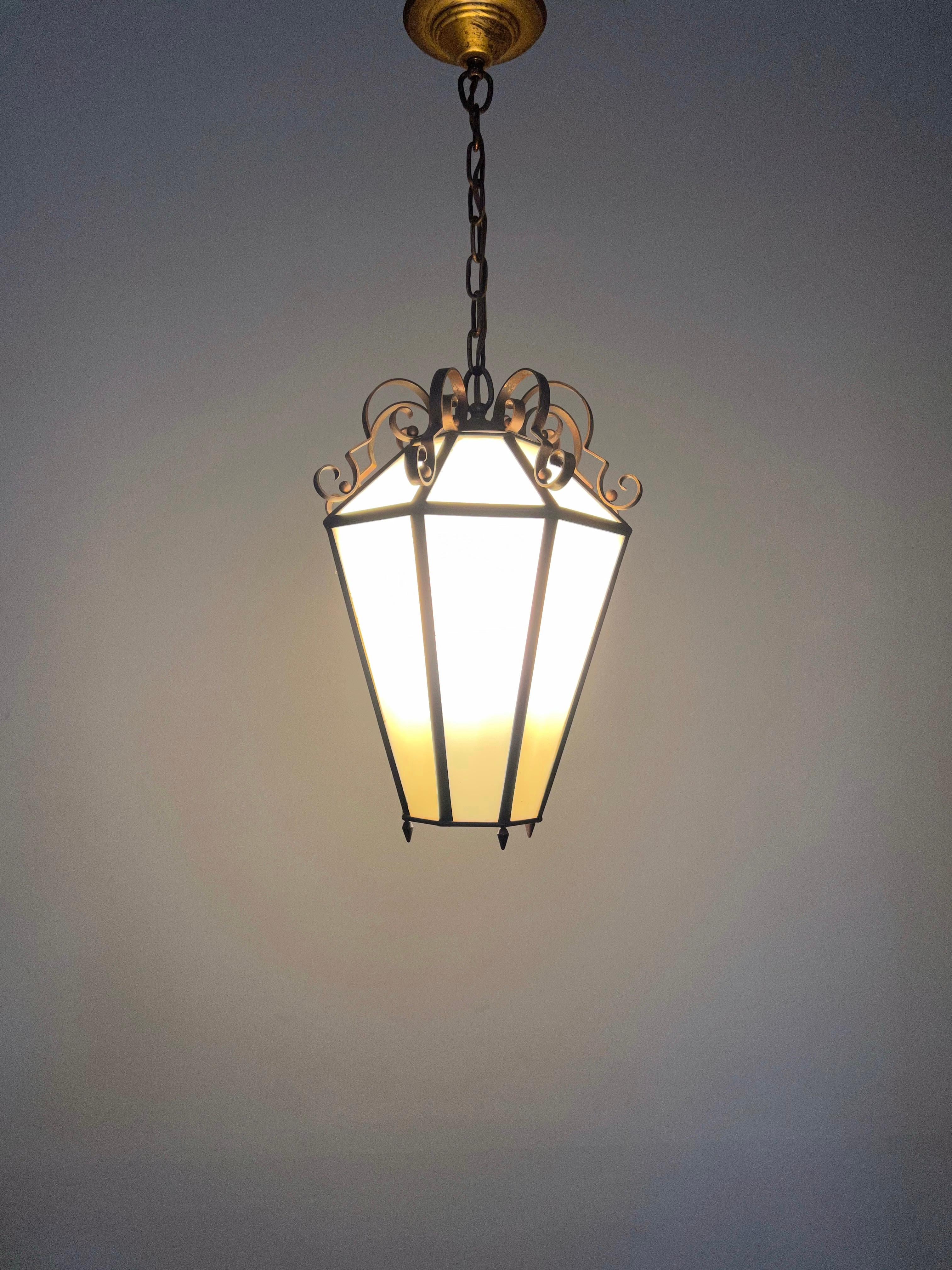 Art Deco Brass and Italian Glass Octagonal Design Pendant Light / Hall Lantern For Sale 10