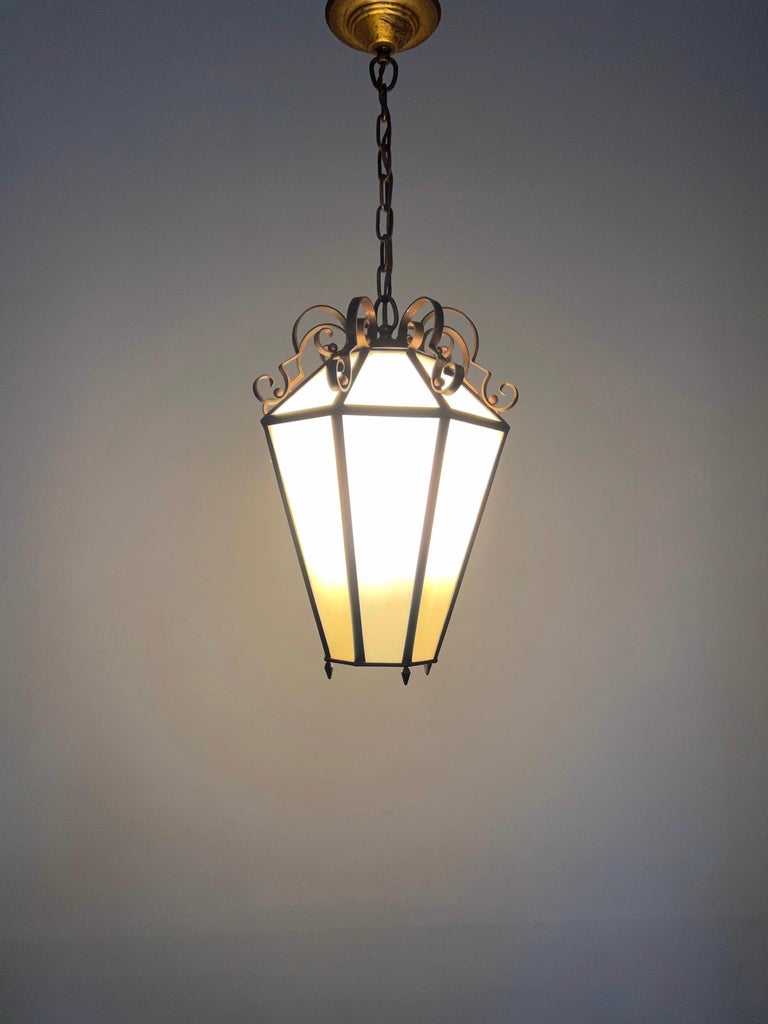 Art Deco Brass and Italian Glass Octagonal Design Pendant Light / Hall Lantern For Sale 10