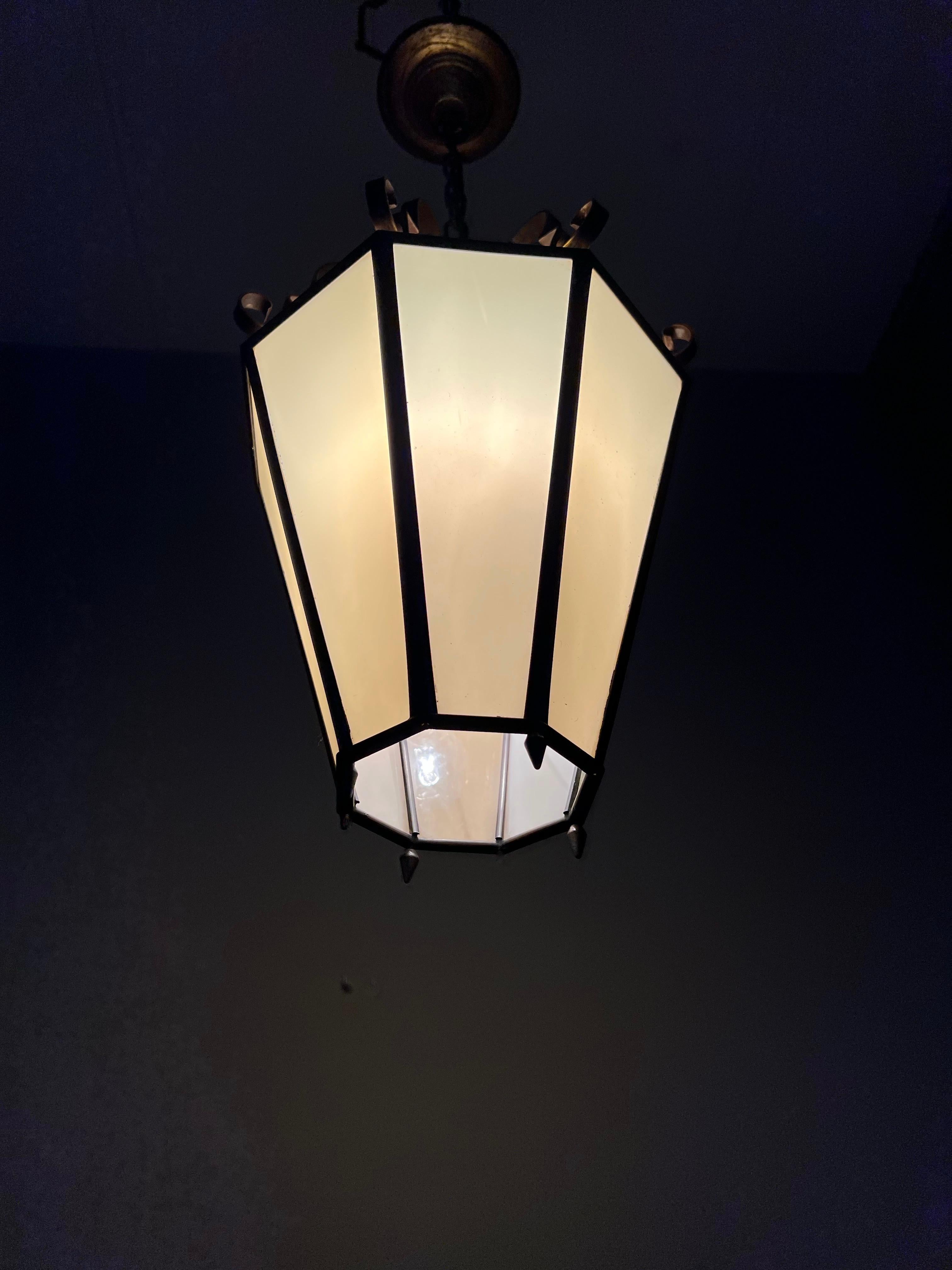 Art Deco Brass and Italian Glass Octagonal Design Pendant Light / Hall Lantern For Sale 11