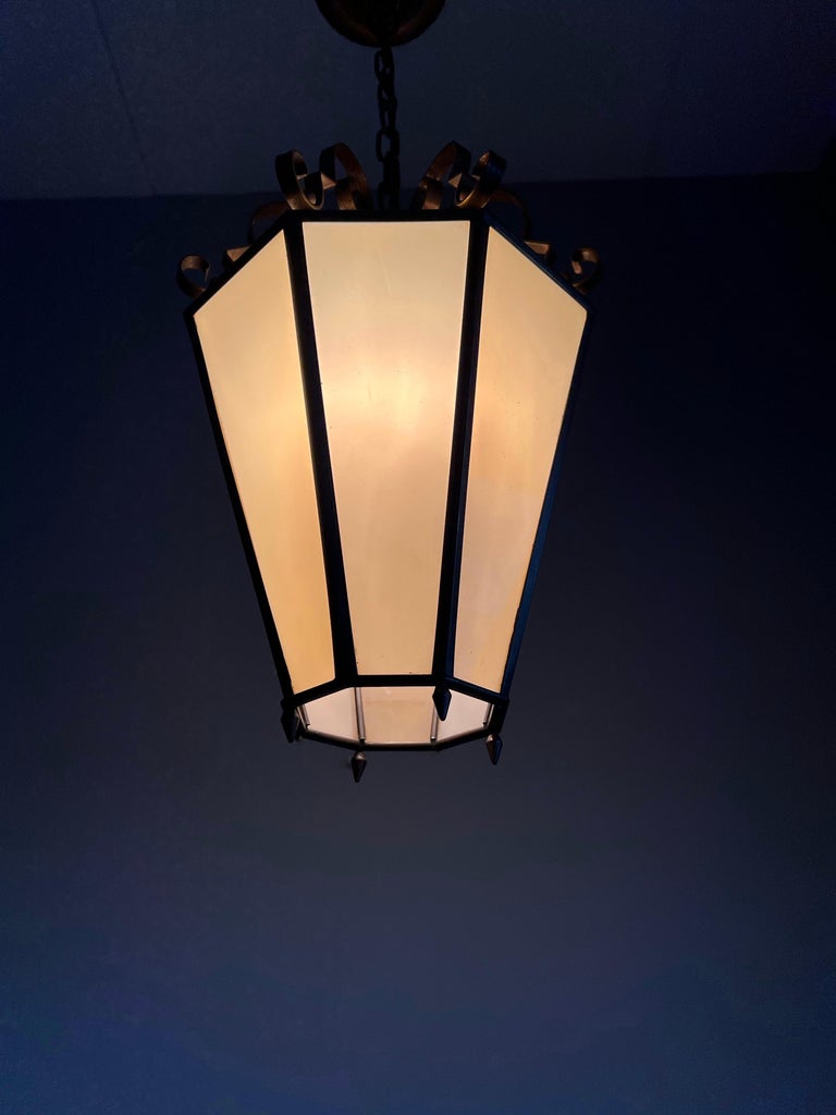 Art Deco Brass and Italian Glass Octagonal Design Pendant Light / Hall Lantern For Sale 12