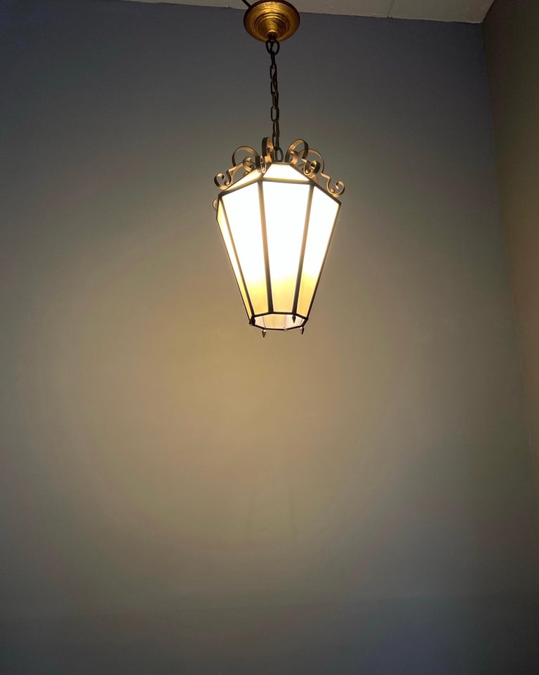 Art Deco Brass and Italian Glass Octagonal Design Pendant Light / Hall Lantern For Sale 13