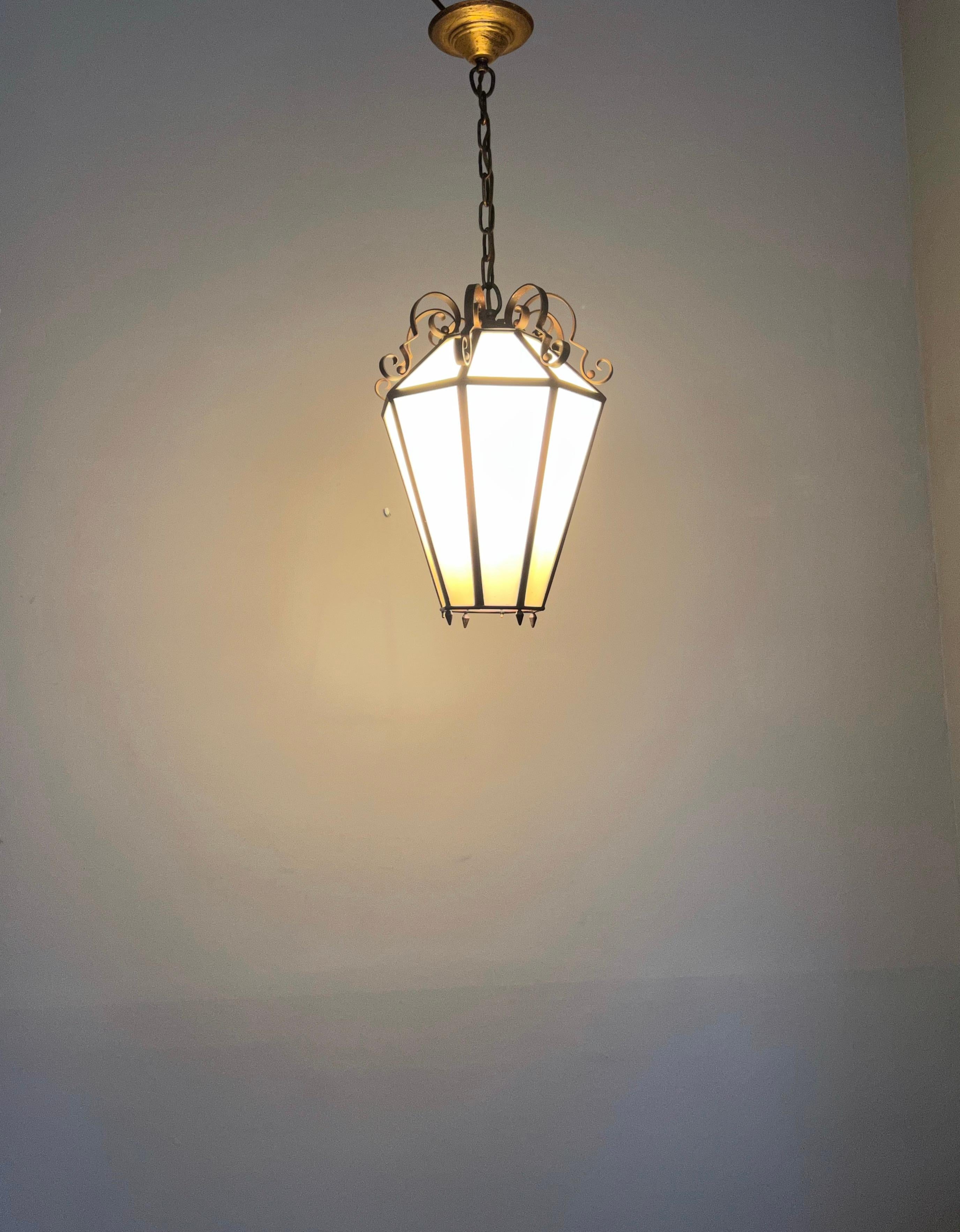 Art Deco Brass and Italian Glass Octagonal Design Pendant Light / Hall Lantern For Sale 14