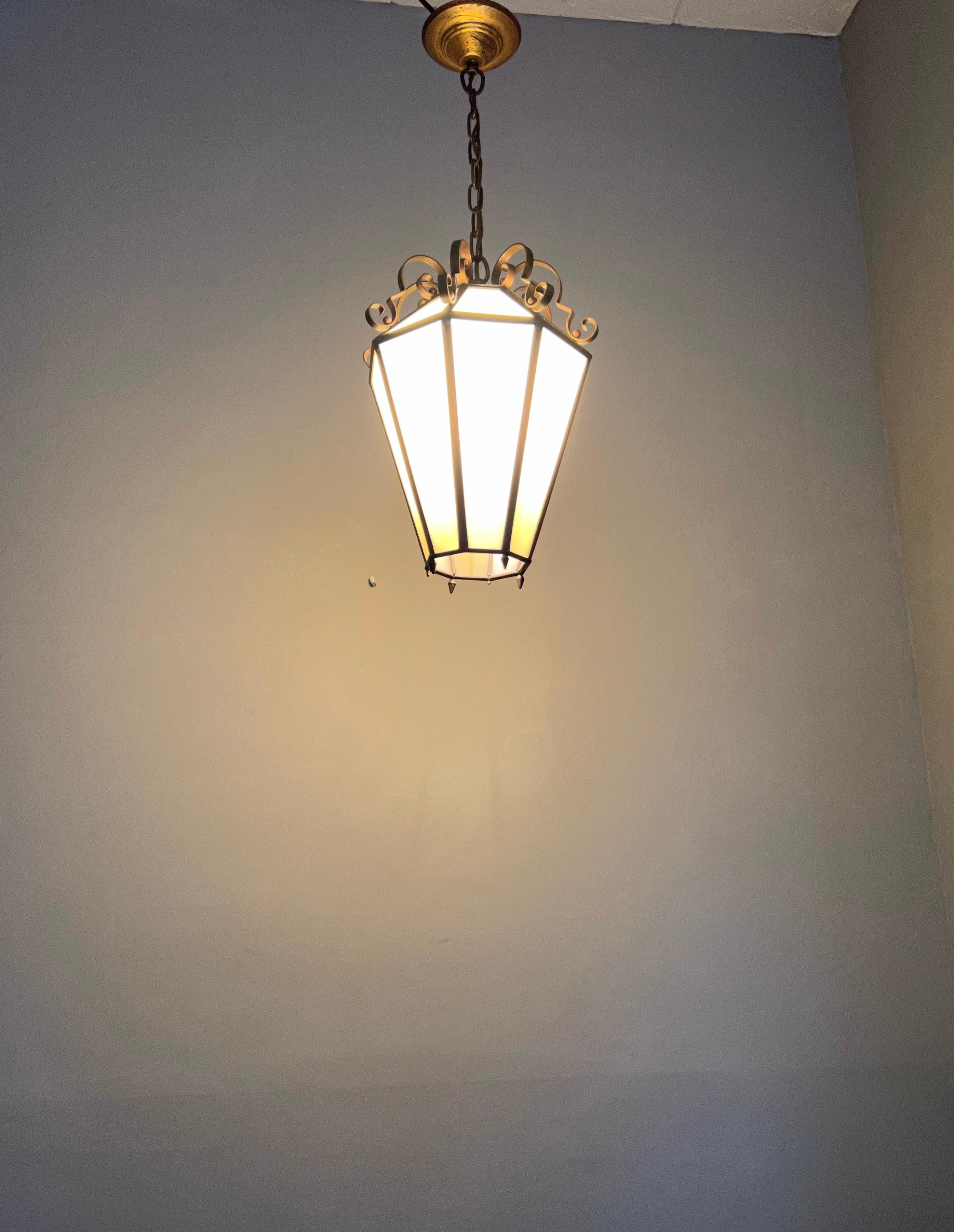 Art Deco Brass and Italian Glass Octagonal Design Pendant Light / Hall Lantern For Sale 15