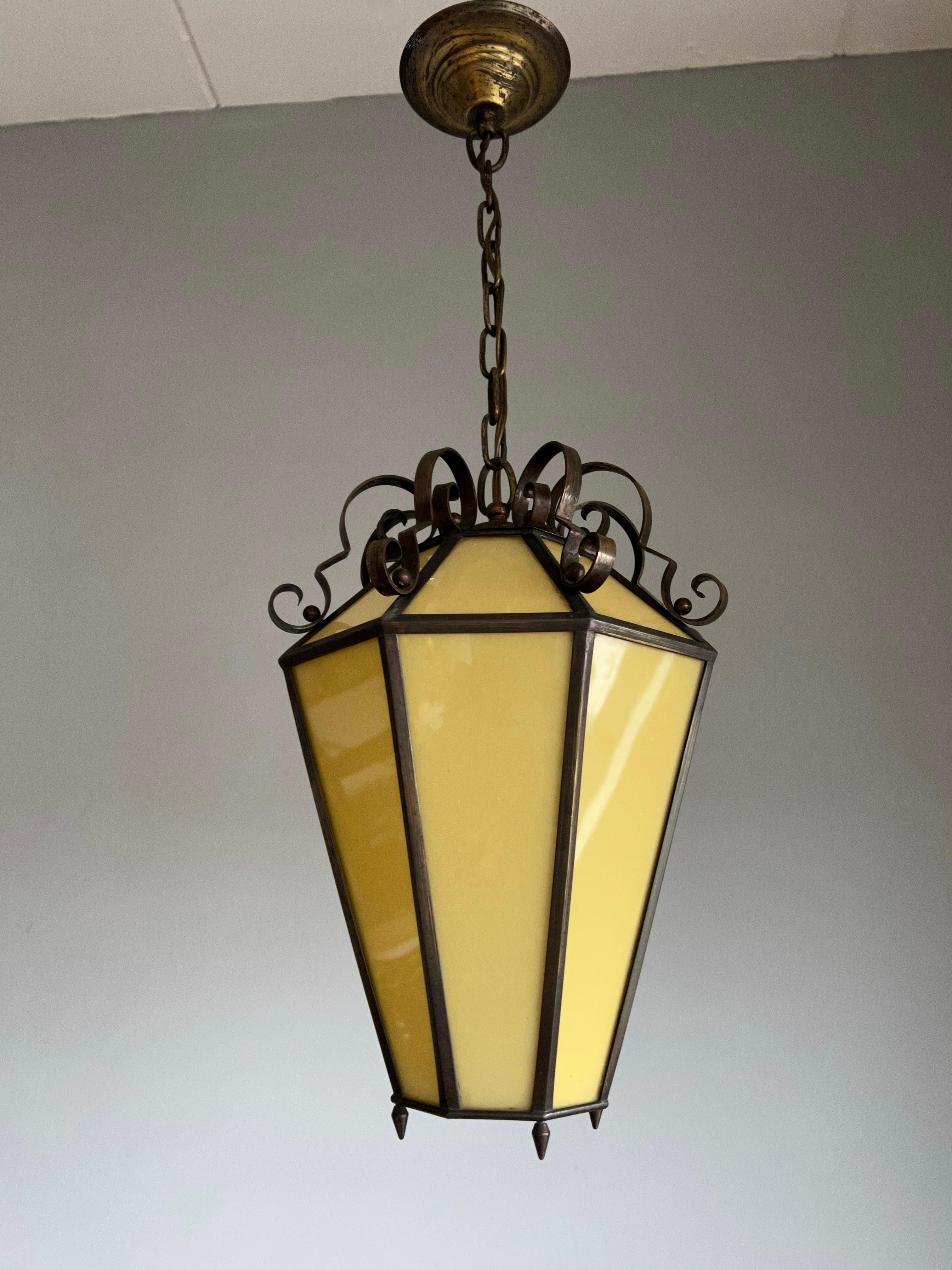Hand-Crafted Art Deco Brass and Italian Glass Octagonal Design Pendant Light / Hall Lantern For Sale