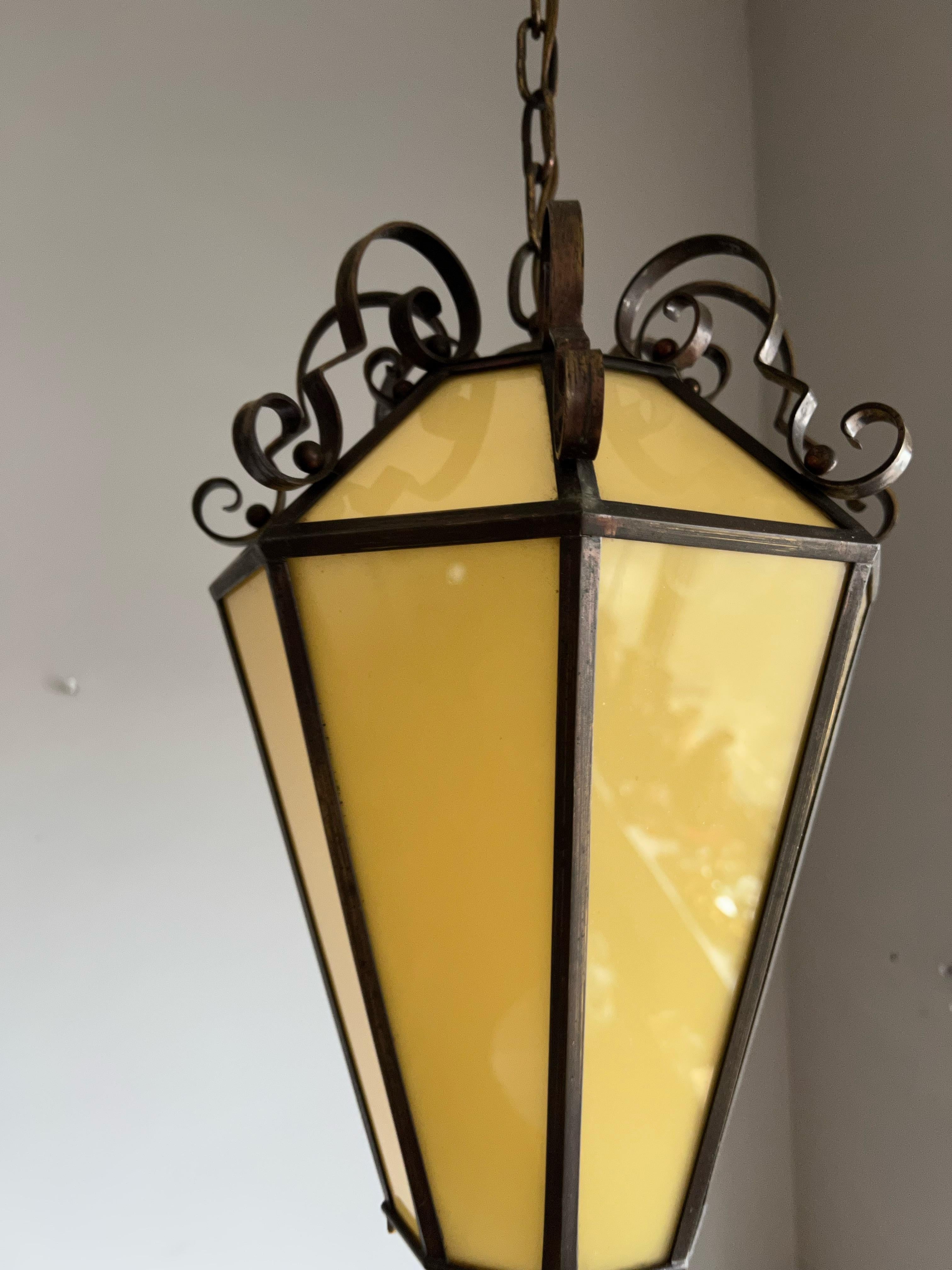 Art Deco Brass and Italian Glass Octagonal Design Pendant Light / Hall Lantern In Excellent Condition For Sale In Lisse, NL