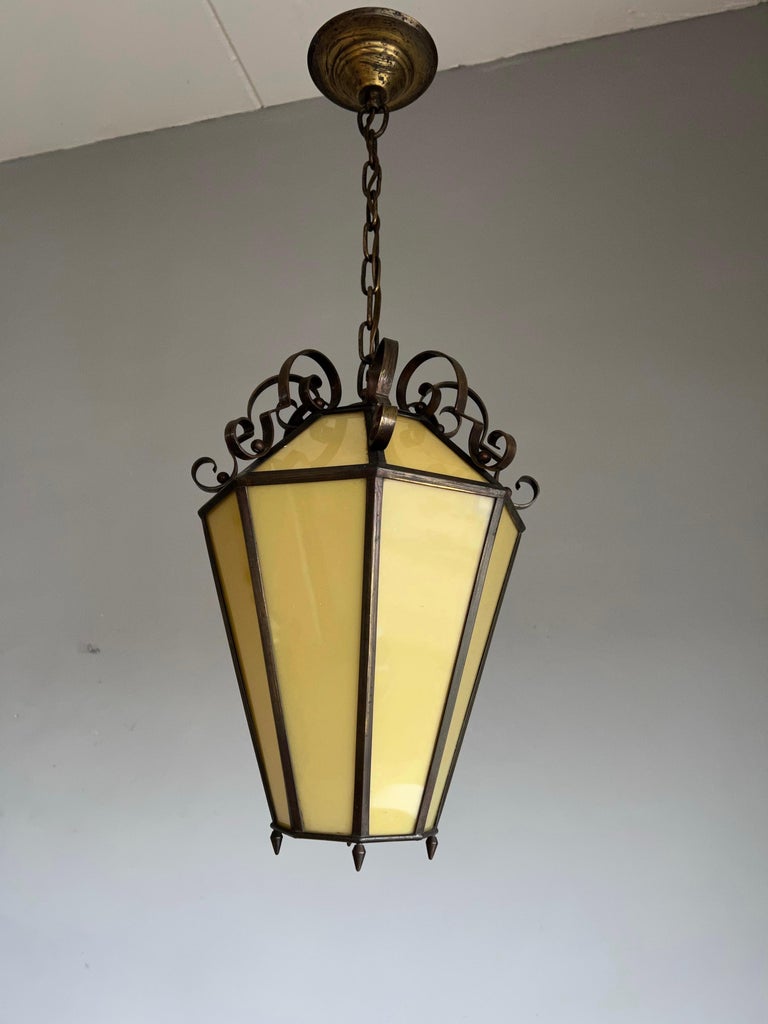 20th Century Art Deco Brass and Italian Glass Octagonal Design Pendant Light / Hall Lantern For Sale