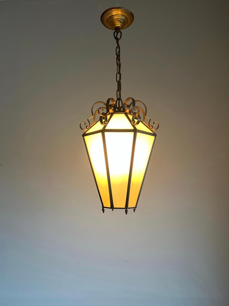 Art Deco Brass and Italian Glass Octagonal Design Pendant Light / Hall Lantern For Sale 1