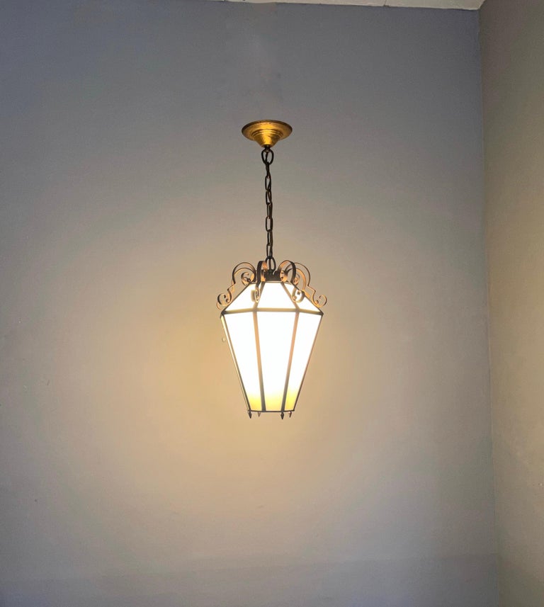 Art Deco Brass and Italian Glass Octagonal Design Pendant Light / Hall Lantern For Sale 2