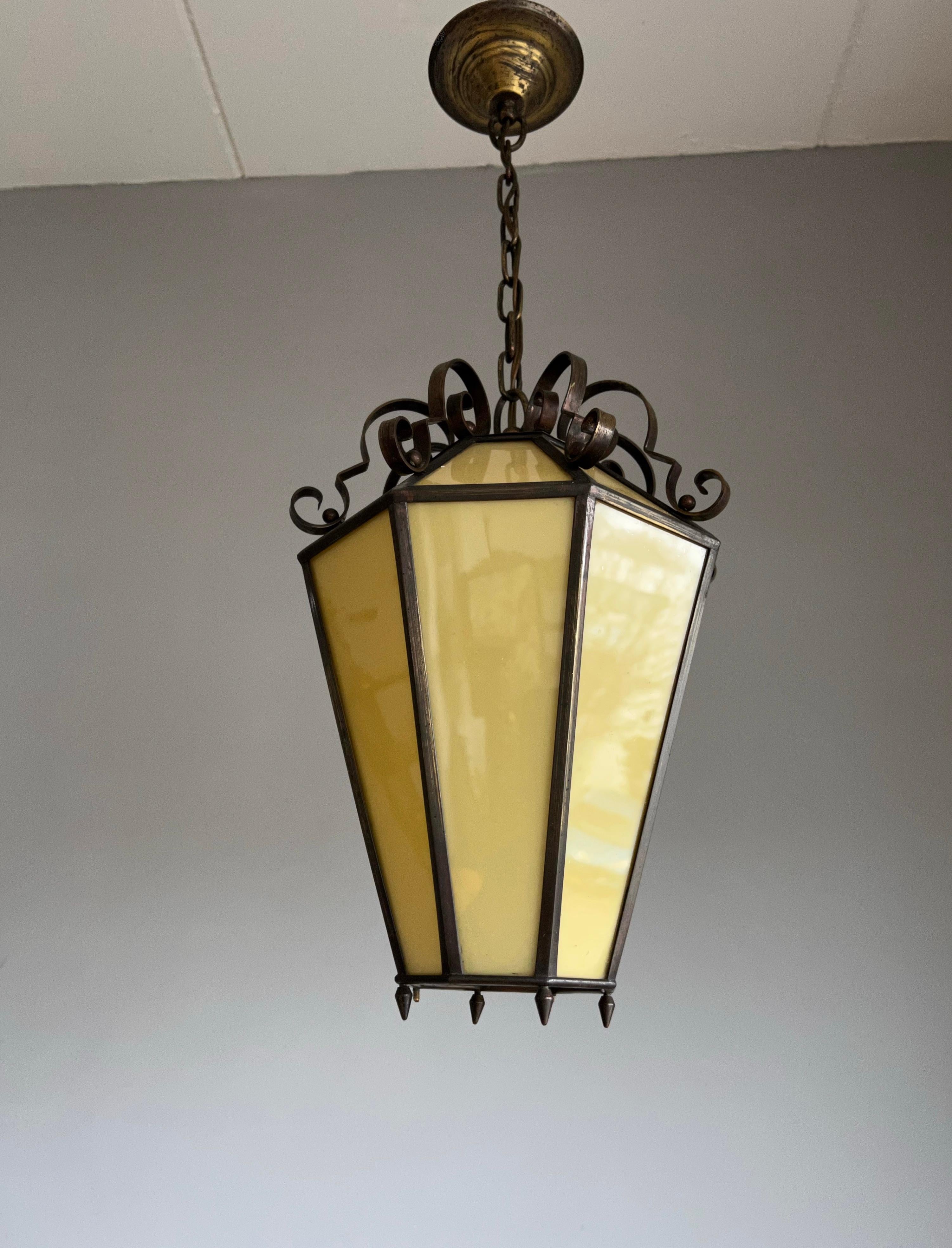 Art Deco Brass and Italian Glass Octagonal Design Pendant Light / Hall Lantern For Sale 3