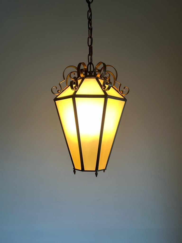 Art Deco Brass and Italian Glass Octagonal Design Pendant Light / Hall Lantern For Sale 4