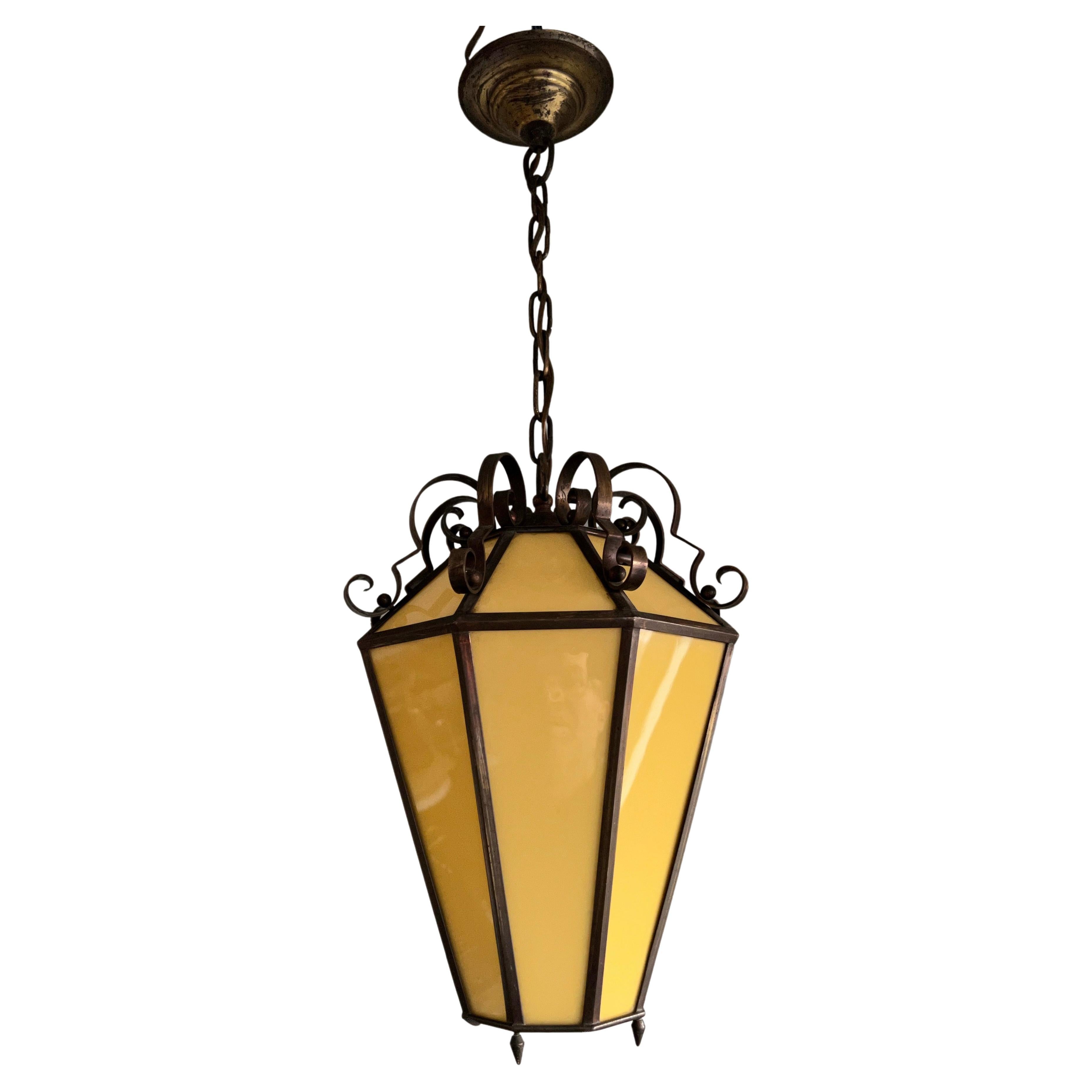 Art Deco Brass and Italian Glass Octagonal Design Pendant Light / Hall Lantern For Sale