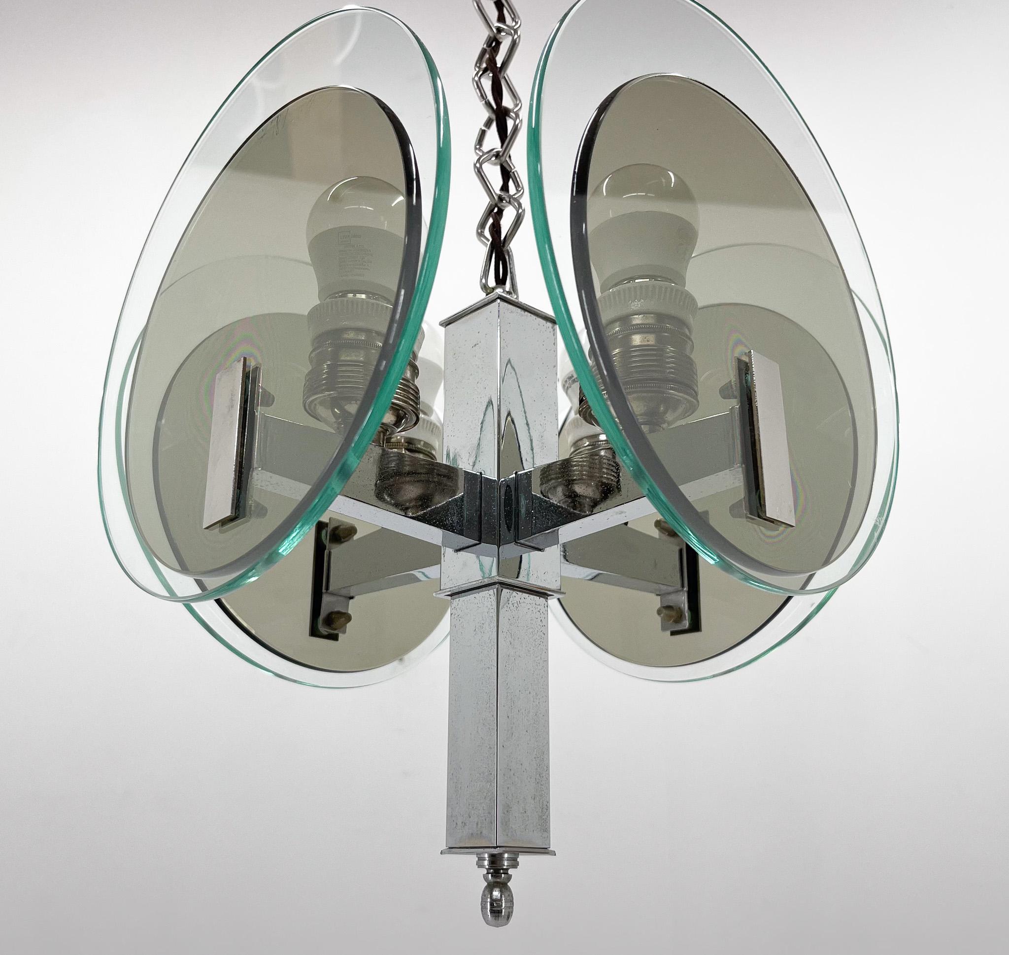 Unique Art Deco Chrome & Glass Chandelier, 1920's For Sale 1