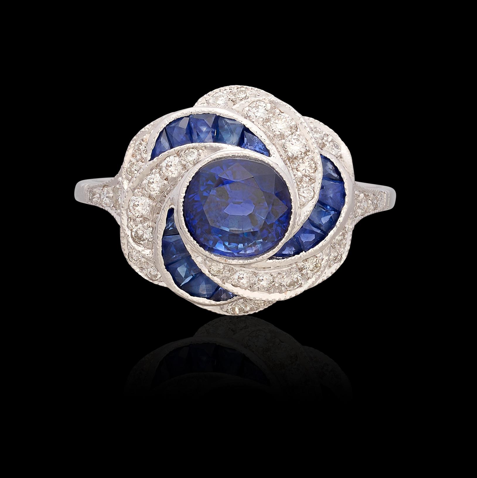 Round Cut Unique Art Deco Inspired Sapphire & Diamond 18k Ring For Sale