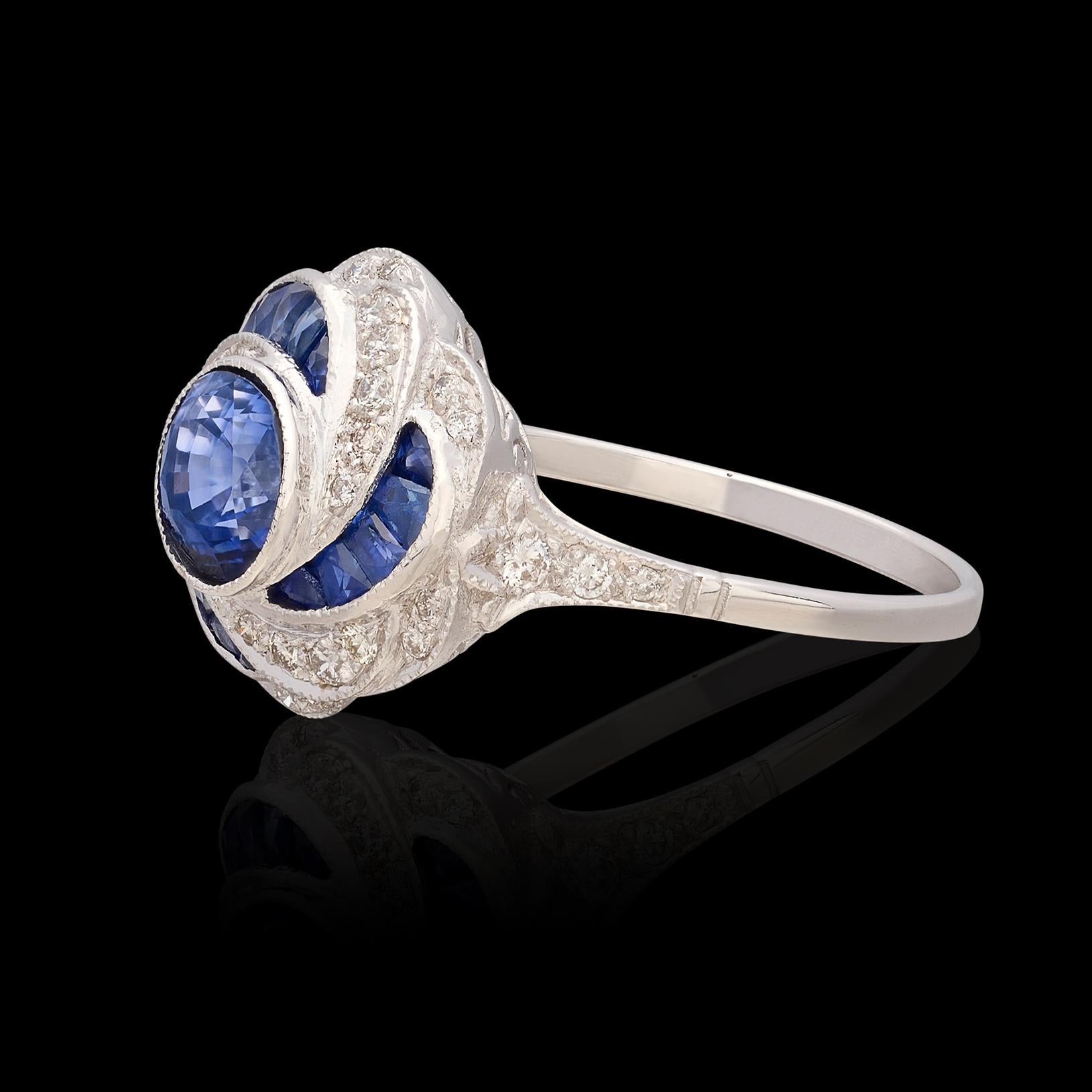 Einzigartiger Art Deco inspirierter Saphir & Diamant 18k Ring (Rundschliff) im Angebot
