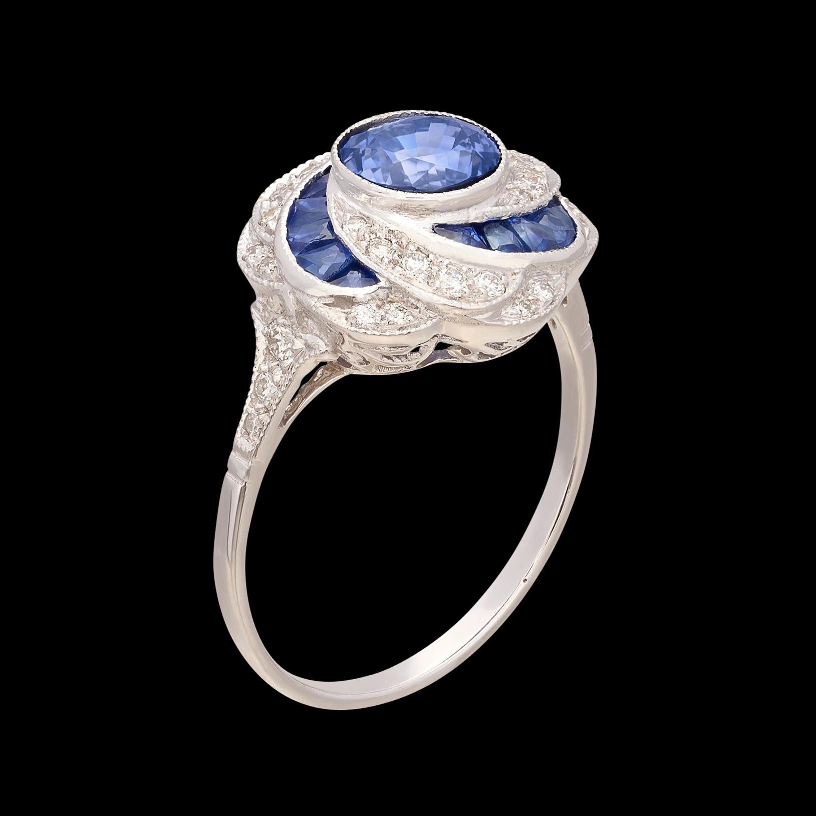 Women's Unique Art Deco Inspired Sapphire & Diamond 18k Ring For Sale