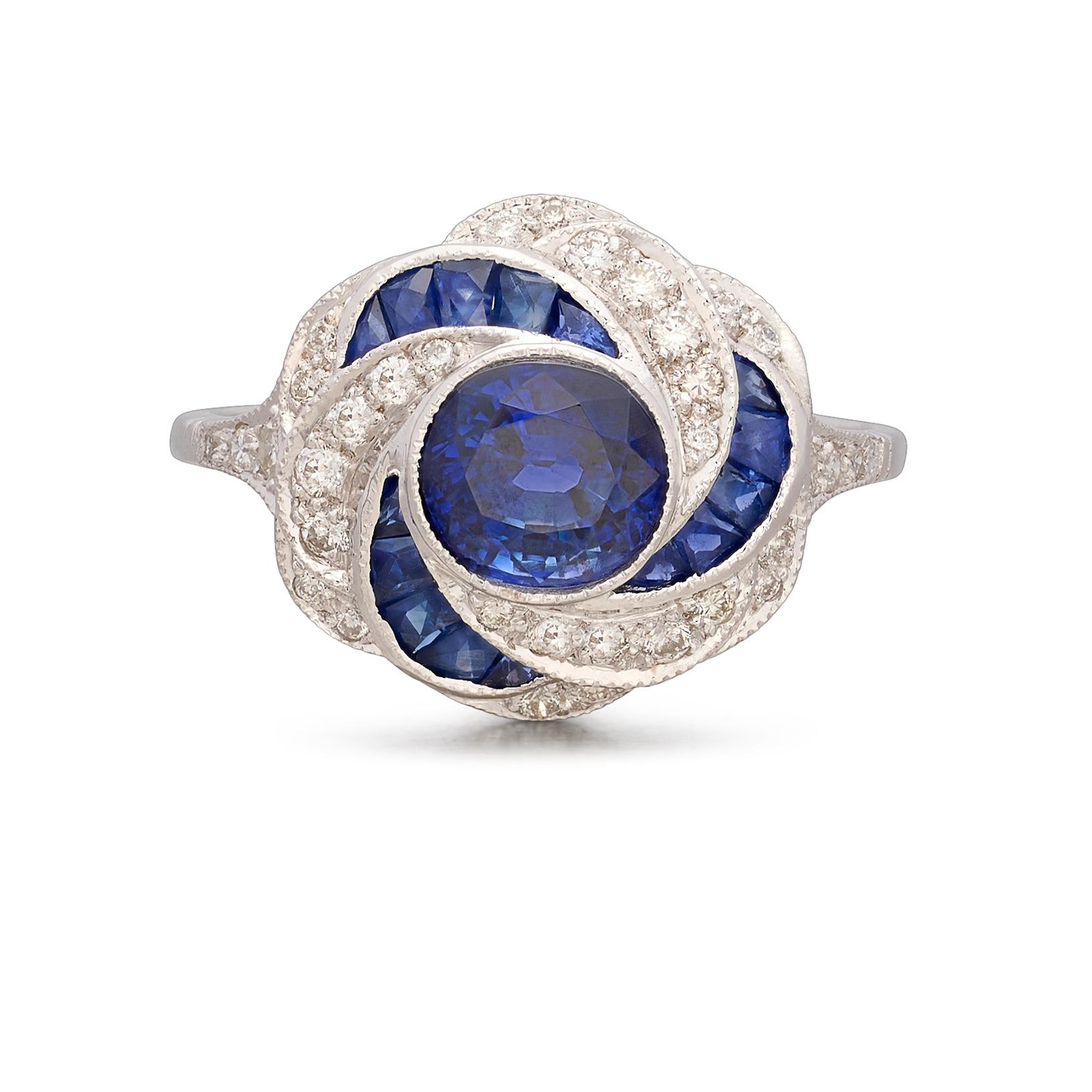 Unique Art Deco Inspired Sapphire & Diamond 18k Ring For Sale 1