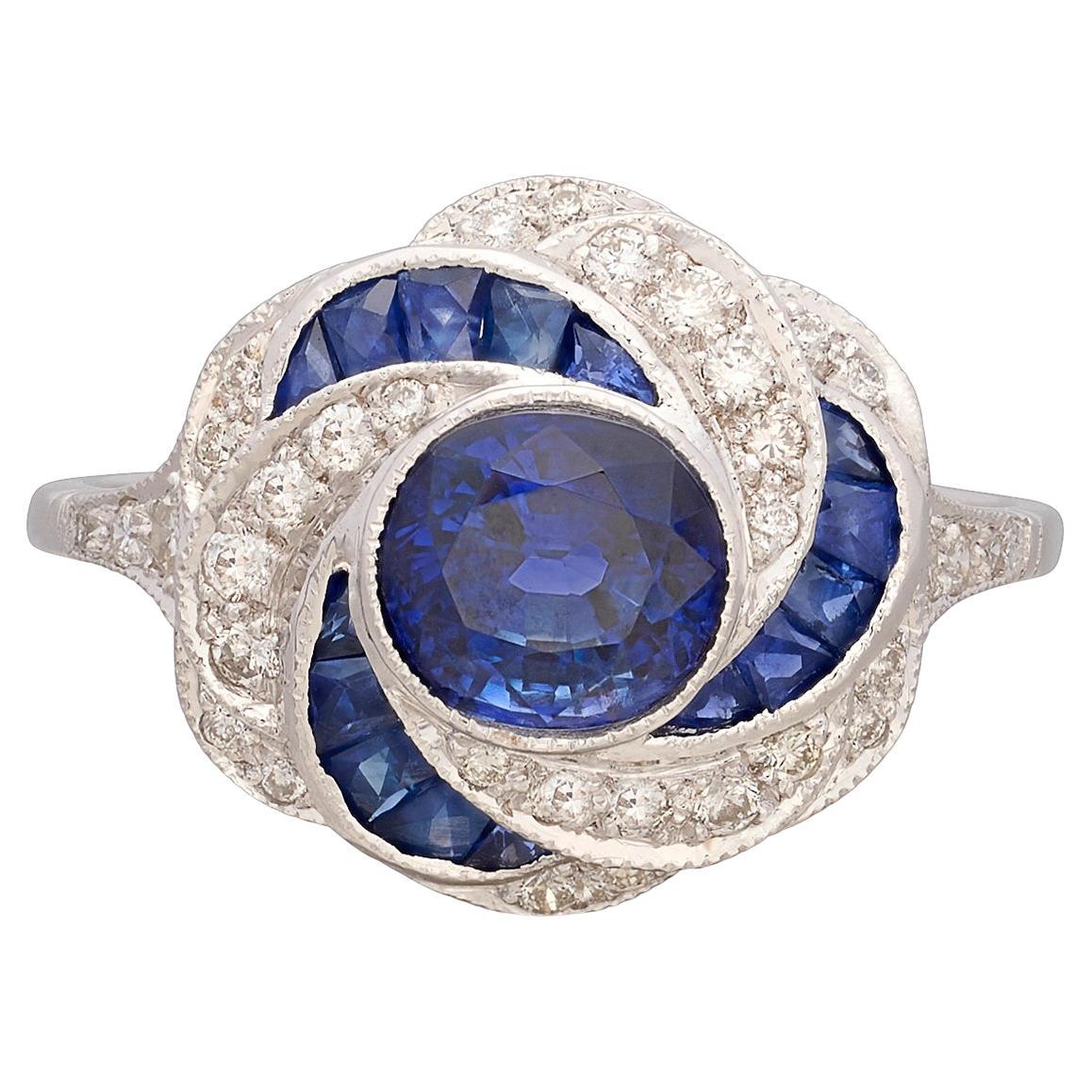 Unique Art Deco Inspired Sapphire & Diamond 18k Ring For Sale