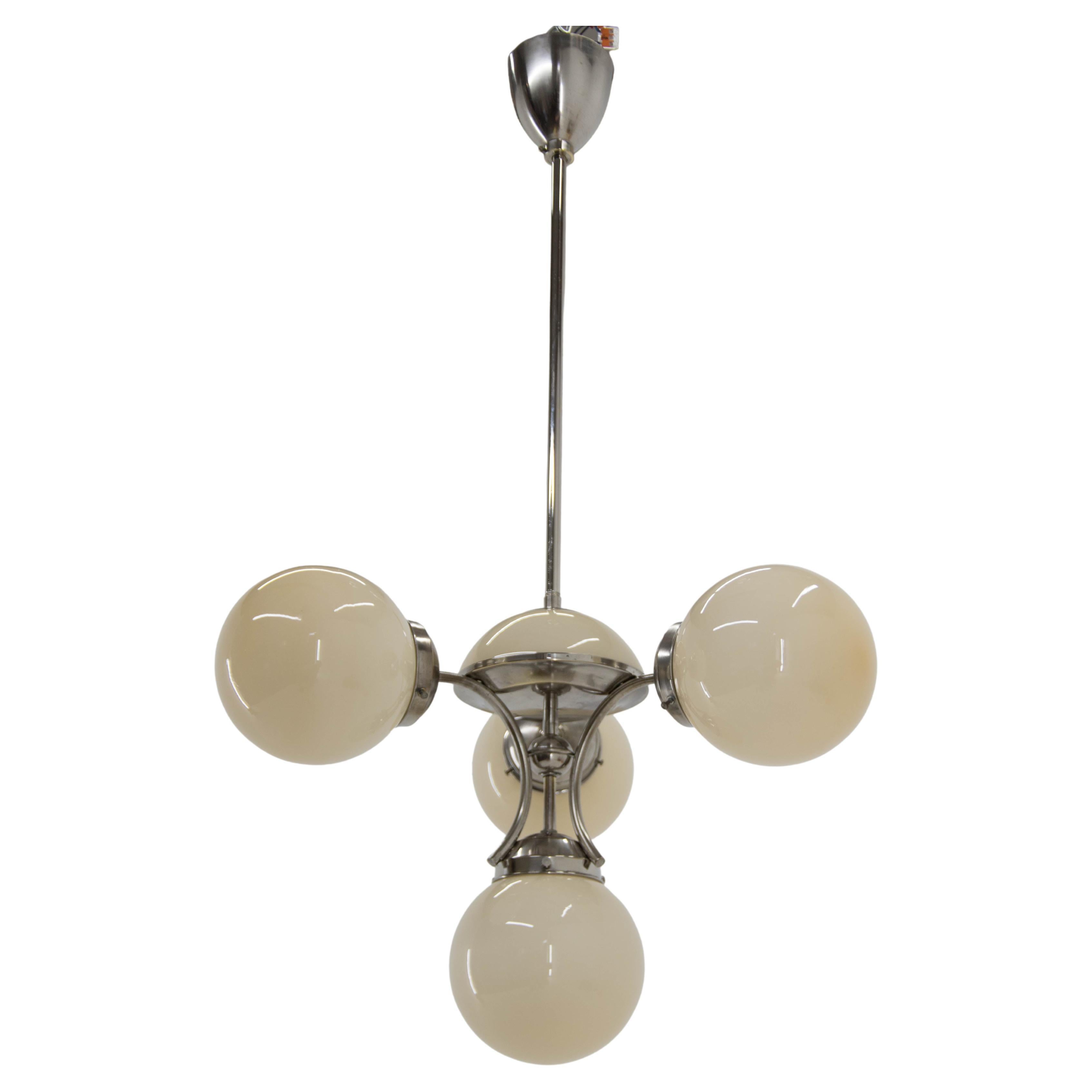 Unique Art Deco Nickel and Glass Chandelier, 1930s For Sale