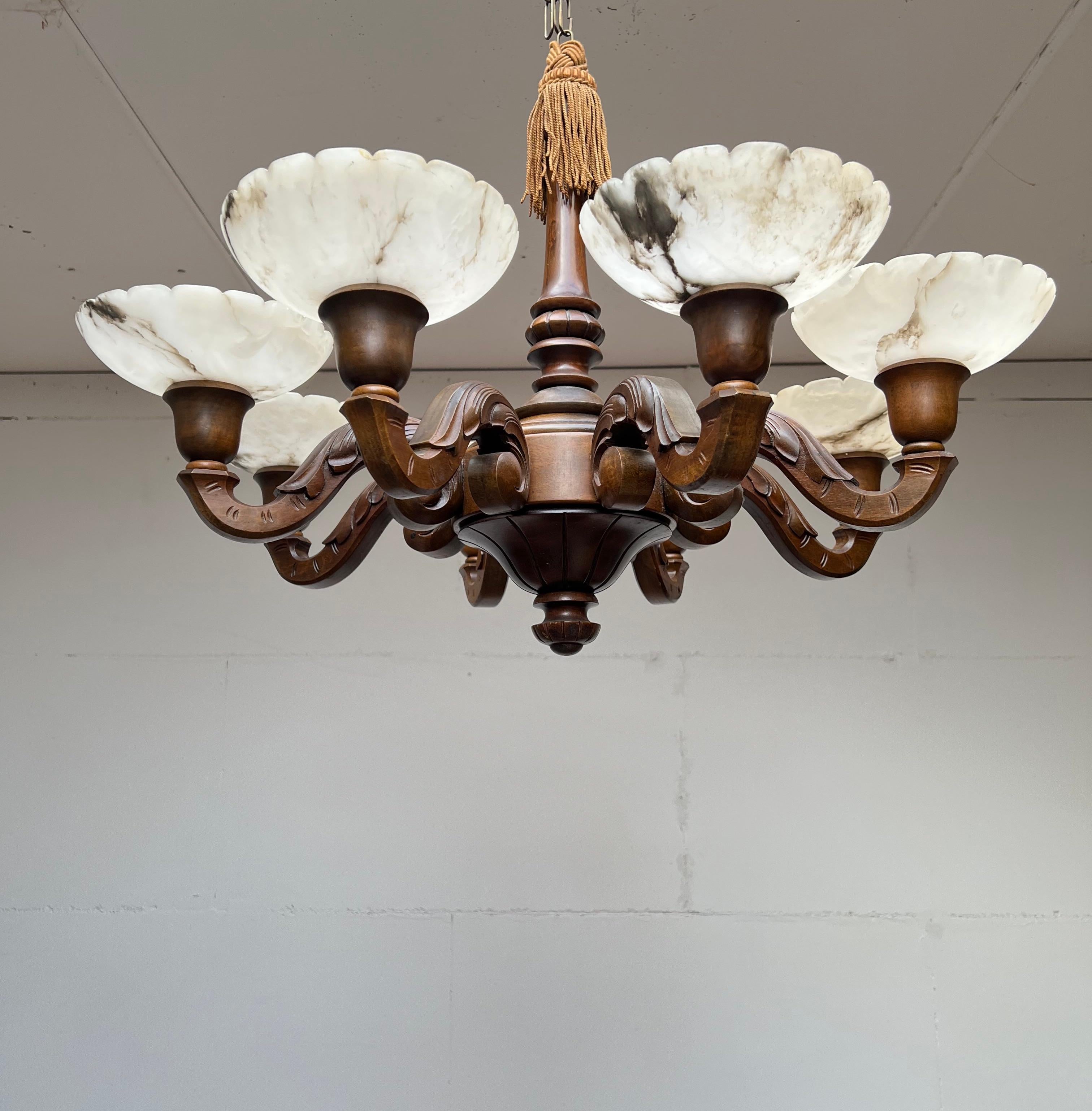 Hand-Carved Unique Art Deco Nutwood with 8 Alabaster Shades Pendant Light / Chandelier, 1920